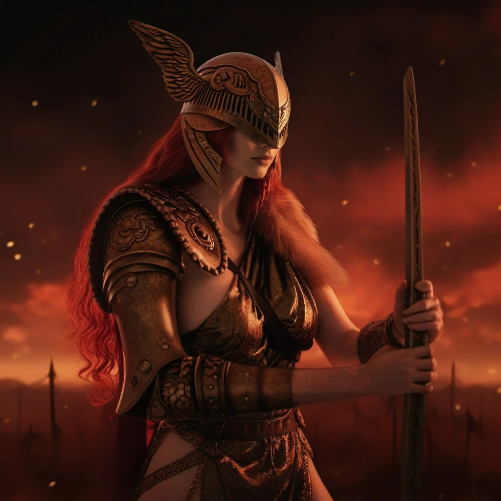 cinematic photo a woman with red hair, winged helmet, sword <lora:Malenia1024:0.8> . 35mm photograph, film, bokeh, professional, 4k, highly detailed