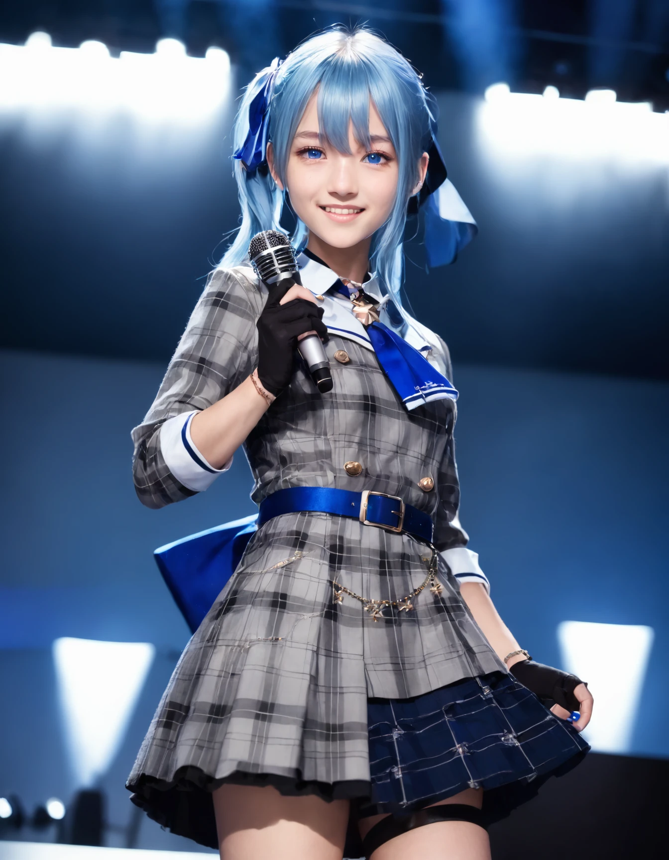 1girl, solo,
(Best quality:1.0),(masterpiece:1.0),photorealistic,
(realistic),photograph,hyperdetailed photography,raw photo,
cowboy shot,
stage,Spotlight, (on stage:1.2) ,
Singing, microphone,
BREAK
smile,
18yo,
<lora:suisei_RPO_V1_0-000008:0.8>,
suisei, virtual youtuber, blue hair, blue eyes, side ponytail, blue nails, hair between eyes, jewelry, ribbon,nail polish,medium hair, hair ribbon,long hair,turime,
(flat chest:0.5),small breast,
cos 1st, gloves, black gloves, choker, star (symbol),partially fingerless gloves, belt, plaid dress,plaid skirt, skirt, bracelet, shirt, buttons, blue belt,double-breasted, blue ascot, plaid jacket, collared shirt, dress,grey jacket, long sleeves,blue ribbon, blue choker, grey skirt,thigh strap, single thighhigh, socks,