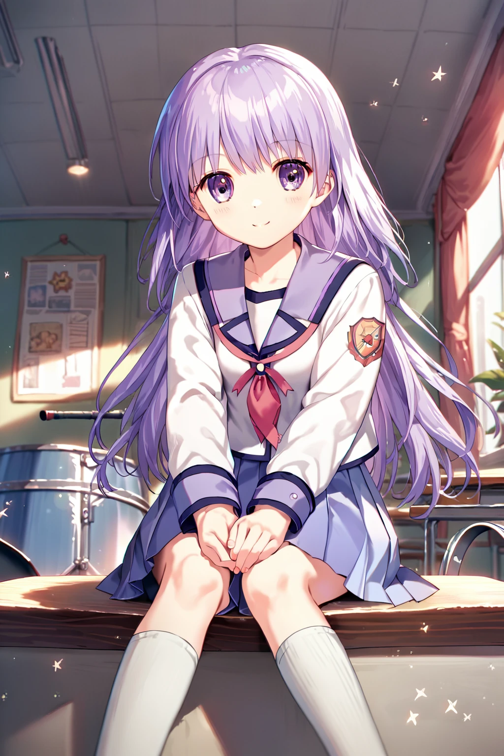 score_9, score_8_up, score_7_up, score_6_up, rating_safe, source_anime, best quality, masterpiece, detailed background, detailed eyes, indoors, sitting, drum set, <lora:irie-miyuki-xl-04:0.9>, irie miyuki, school uniform, lavender skirt, white socks, small breasts, smile, long hair