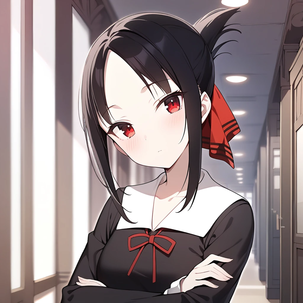 masterpiece, best quality, 1girl, solo, kaguya,  <lora:kaguyaSDXL:0.8>, school uniform, black dress, black skirt, red ribbon, long sleeve, looking at viewer, standing, parted bangs, crossed arms, portrait, head tilt, school hallway background