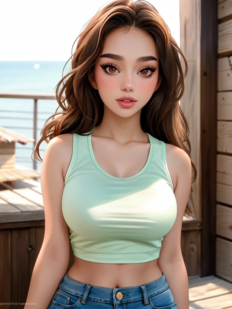 (Masterpiece, Professional lighting, 16k, 8k wallpaper, raw photo, photorealistic:1.8, ultra detailed, , slightly wide angle lens, natural  lighting, detailed skin, detailed face, detailed eyes), 1 beautiful girl, selfie shot from below, cropped tee shirt, underboob, , full body image , long curly blond hair with bangs,  necklace, green eyes, sexy gaze inviting look, baby blue top short, red skirt, joyous