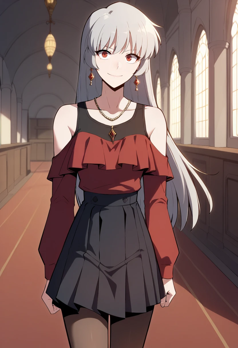 score_9, score_8_up, score_7_up,
<lora:SoloMaxLevelNewbie_AliceXL:0.8>, AliceSMLN,
1girl, solo, closed mouth, light smile,
grey hair, long hair, red eyes,
AliceParty, red shirt, black tank top, shirt tucked in, black skirt, high-waist skirt, pleated skirt, bare shoulders, off shoulder, collarbone, long sleeves, black pantyhose, earrings, necklace, frills,
walking, looking at the viewer,
indoors, ballroom