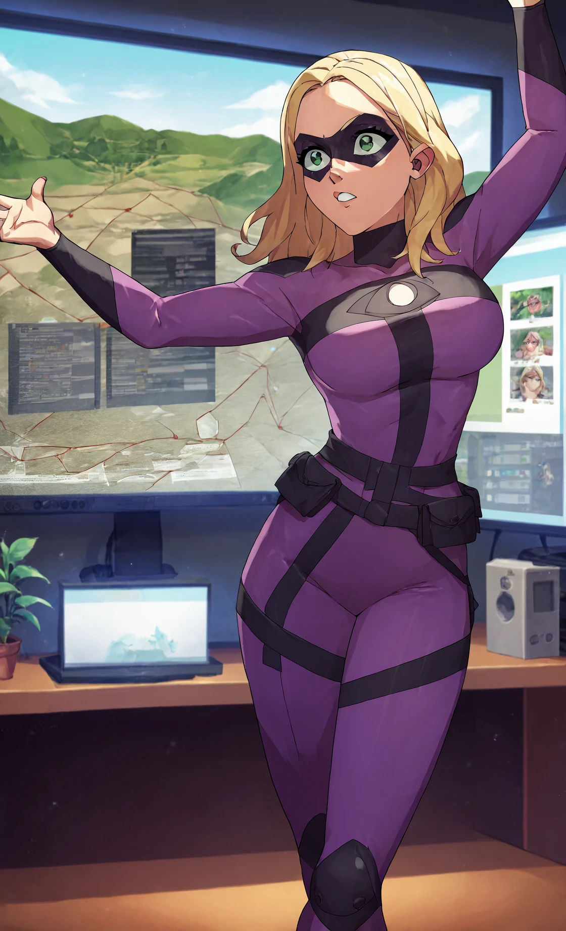 score_9, score_8_up, score_7_up, score_6_up, score_5_up, score_4_up, BREAK
<lora:Tattletale_Lisa_Wilbourn-000019:1> tattletale, blonde hair, green eyes, purple bodysuit, domino mask, large breasts, dancing, monitor array, <lora:artistsautism_lora_XL_dim32_8e_v2_civit:1> by tekuho, rating_safe