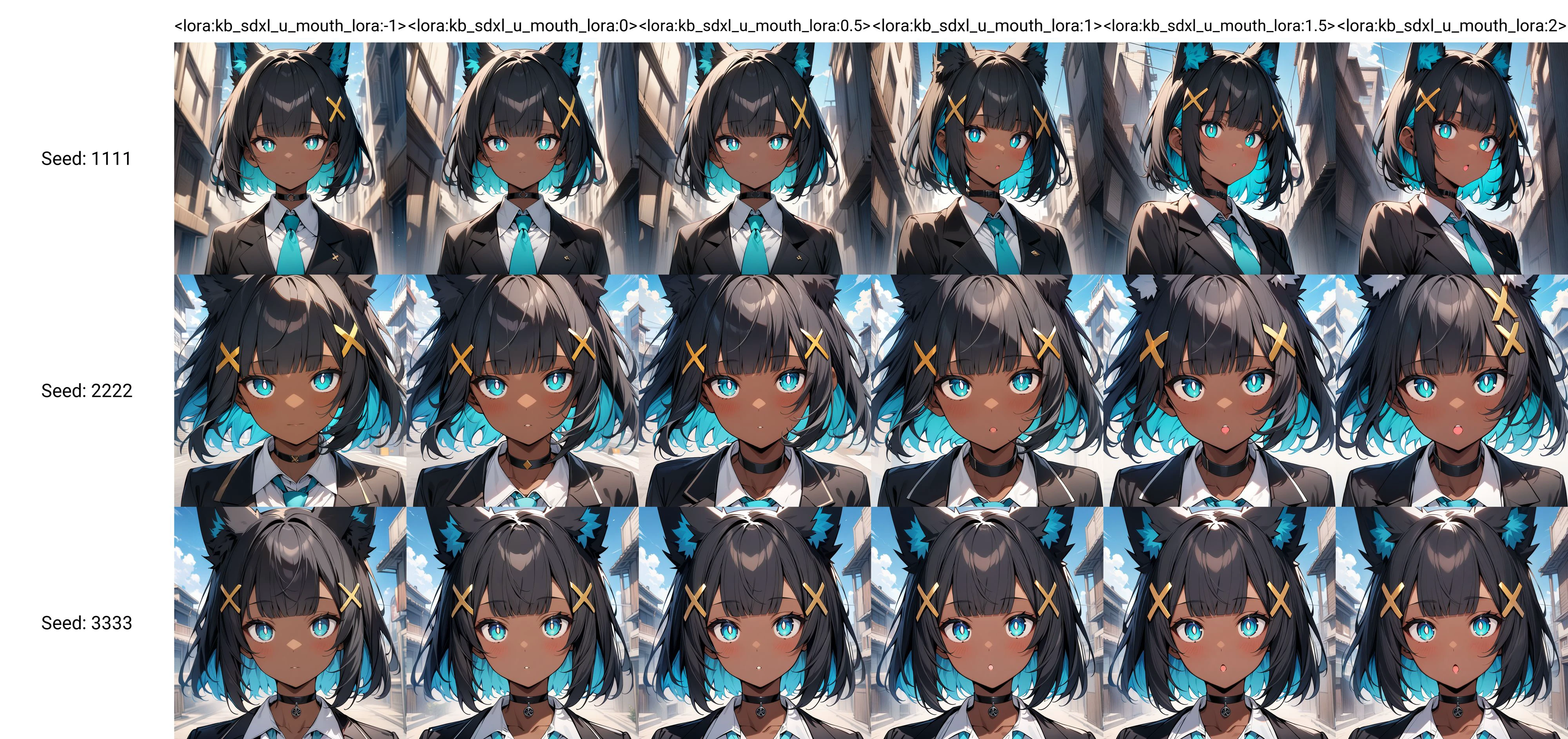 masterpiece,best quality,1girl,dark skin,dark-skinned female,black hair,bangs,blunt bangs,blue inner hair,short hair,yellow x hair ornament,fox ears,white pompom in ears,aqua eyes,white pupils,bright pupils,black choker,(black blazer:1.1),white shirt,aqua tie,sky,detailed background,face focus,<lora:kb_sdxl_u_mouth_lora:-1>,