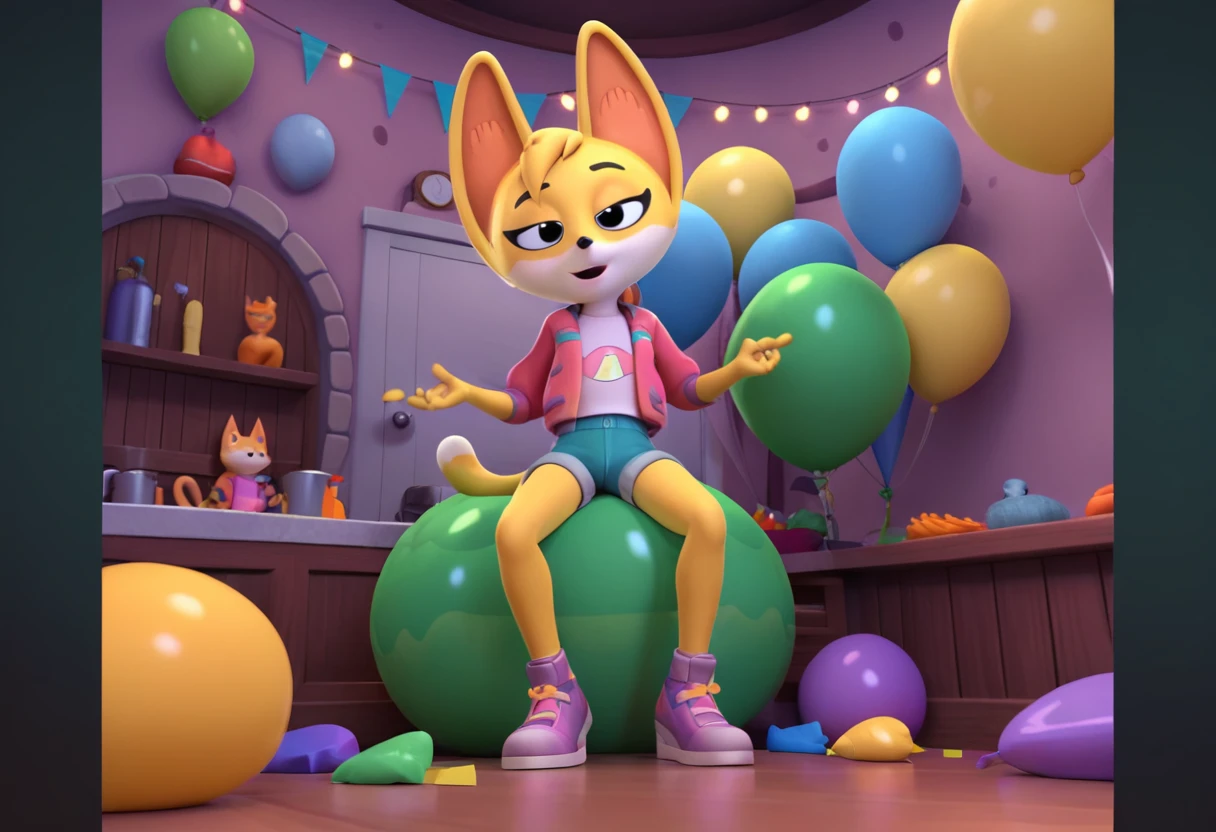 score_9, score_8_up, score_7_up, score_6_up, score_5_up, score_4_up, female, kit casey, fox, vixen, female, anthro, big balloon, one balloon, pink jacket, white shirt, shorts, shoes, 

kitchen, lights off, surprise party, confetti,

steam, panting, heavy breathing, bedroom eyes, lidded eyes, 

solo, 1girl, 




(sitting on a balloon:1.2), looner, balloon fetish, nonpop, balloon popping, popped balloons, popping balloons, sitting on a balloon, straddling a balloon, balloon pieces, balloon knot, tied balloon, one balloon, big balloon, tied balloon, necked balloon, overinflated balloon, green balloon, blue balloon, cat print balloon, 
detailed background, dynamic angle, dynamic lighting, suggestive, rating suggestive,
,

from below
,