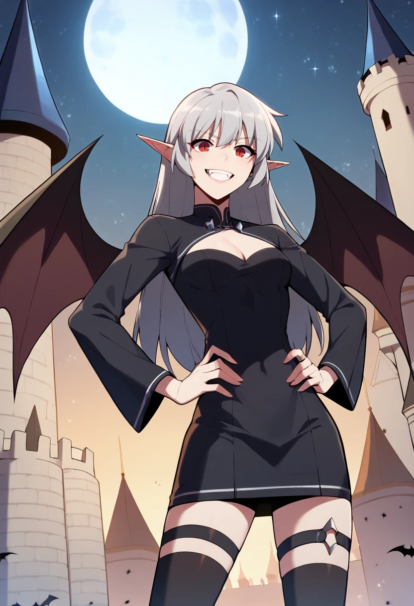 score_9, score_8_up, score_7_up,
<lora:SoloMaxLevelNewbie_AliceXL:0.8>, AliceSMLN,
1girl, solo, open mouth, grin,
grey hair, long hair, red eyes, pointy ears,
AliceVamp, black dress, long sleeves, cleavage cutout, thigh strap, black thighhighs, bat wings,
standing, looking at the viewer, (facing viewer:1.2), hands on own hips,
outdoors, dark, night, moon, starry sky, castle