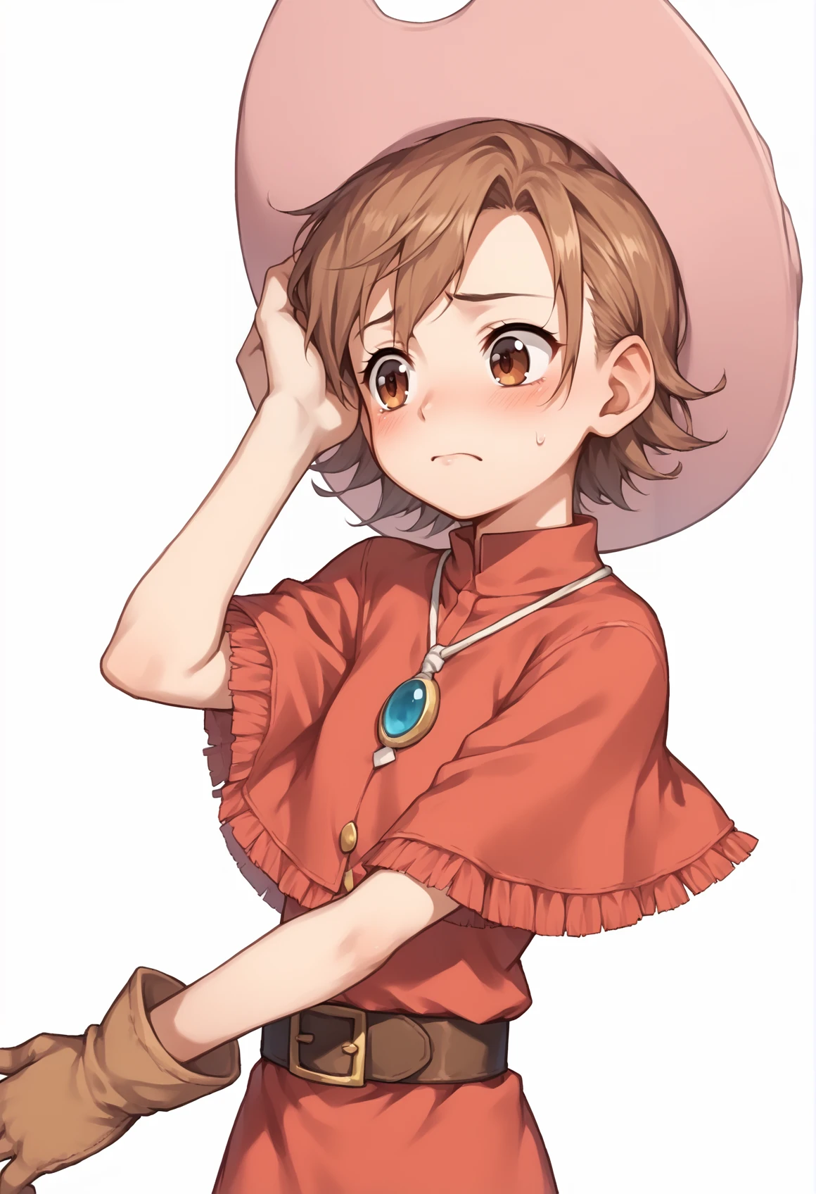 1girl, sora, short hair, brown eyes, blushing, scratching head, embarrassed, looking to the side, red dress, capelet, brown gloves, belt, skirt, cowboy hat, simple background white background <lora:MimiSora:1>, score_9, score_8_up, score_7_up, score_6_up, score_5_up, score_4_up, BREAK source_anime, masterpiece