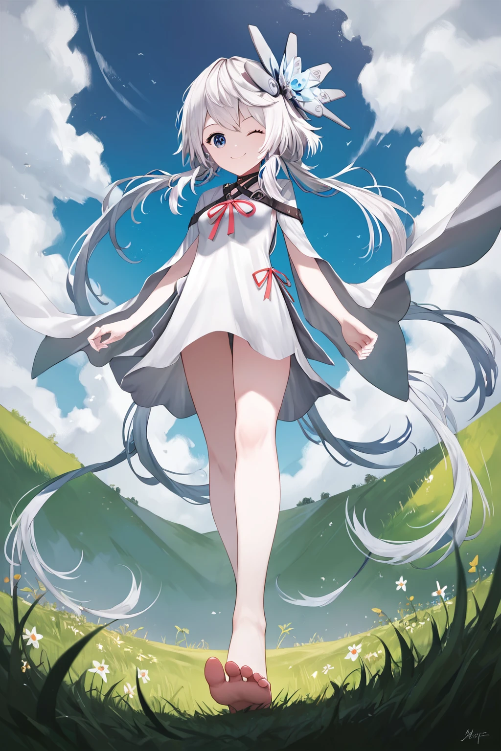 score_9, score_8_up, score_7_up, score_6_up, rating_questionable, source_anime, best quality, masterpiece, detailed background, detailed eyes, grass, walking, from below view, cowboy shot, <lora:philia-xl-27:1>, philia, long pigtails, stella outfit, stella hair ornament, small breasts, smile, wink, bare feet,