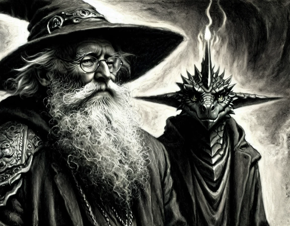 Charcoal drawing of a Old wizard with a long white beard with his dragon with cyberpunk enhancements<lora:Charcoal3.0-000030 Master:1>