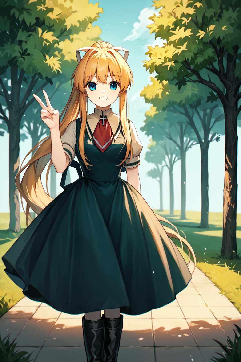 score_9, score_8_up, score_7_up, score_6_up, rating_safe, source_anime, best quality, masterpiece, detailed background, detailed eyes, park, grass, cowboy shot, cute, <lora:kamio-misuzu-xl-04:1.2>, kamio misuzu, air school dress uniform, black boots, medium breasts, long ponytail, long sidelocks, grin, v sign