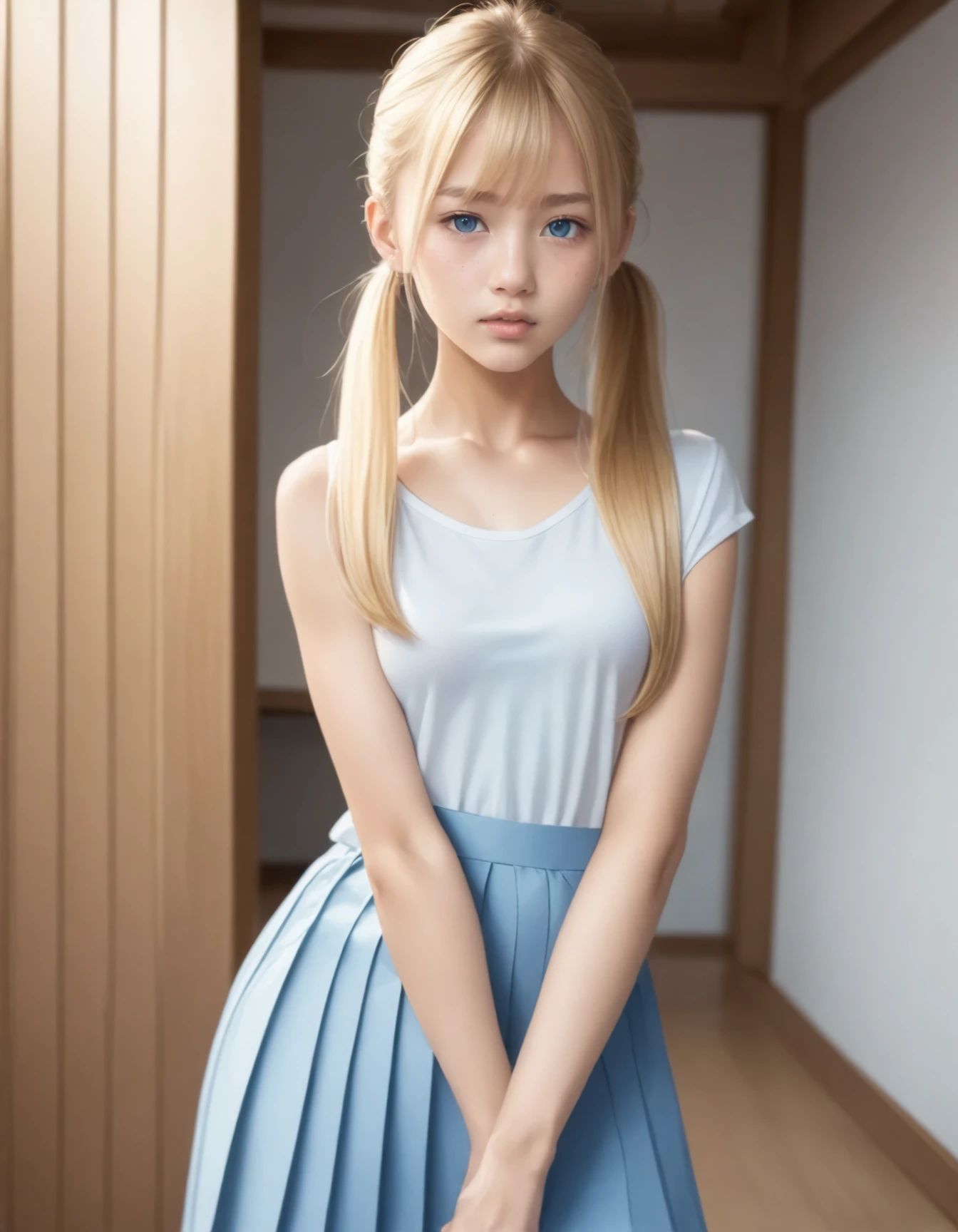 1girl, solo,
(Best quality:1.0),(masterpiece:1.0),photorealistic,
(realistic),photograph,hyperdetailed photography,raw photo,
cowboy shot,
(blonde hair:1.1), (blue eyes),
long twintails hair,
(small breasts:1.1),
slender,
(European:1.2),
shinai ,kendo,dojo,hakama,hakama skirt,
(20yo:1.2)