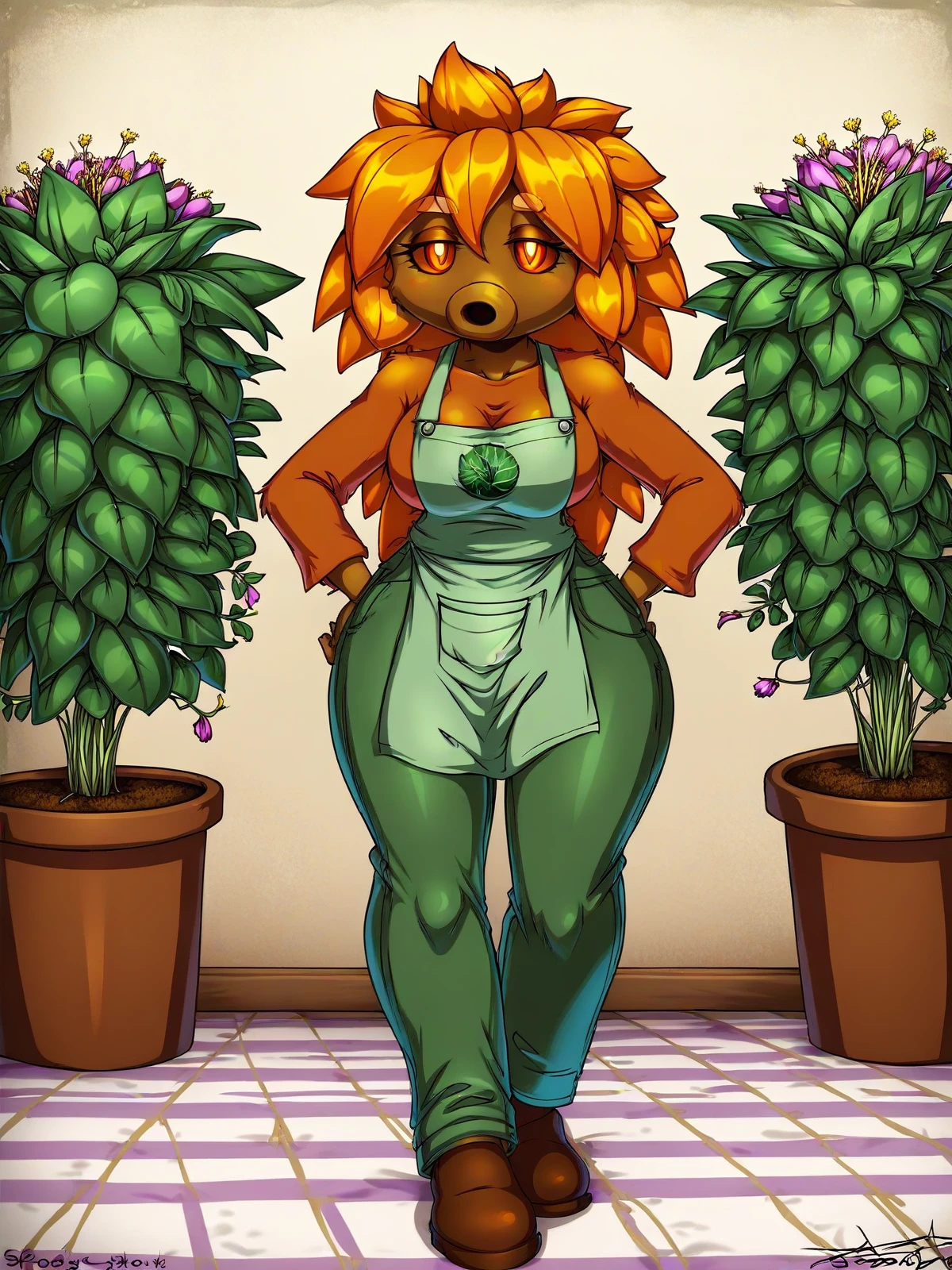 score_9, score_8_up, score_7_up, score_6_up, score_5_up, rating_safe, source_anime, (ggst), deku scrub, female, plant woman, pseudo hair, orange hair, orange sclera, no nose, no ears, dark orange pupils, waist, hips, arms, thighs, tall, long legs, long torso, gardening apron, gardening, pants, trowel, flowers, looking at camera,  front view, backyard, detailed, 2D, digital art, cel shading, 