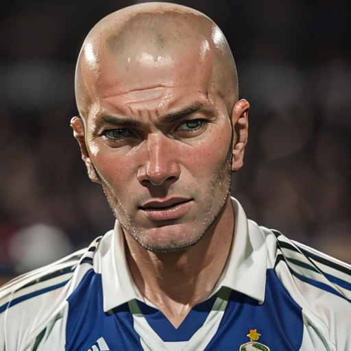 1boy, man,( zizou:1.2), looking at the viewer, portrait, focus on face,( bald:0.7), sportswear,( stubble:1.2), soccer uniform, close up, <lora:Zinedine_Zidane:1>