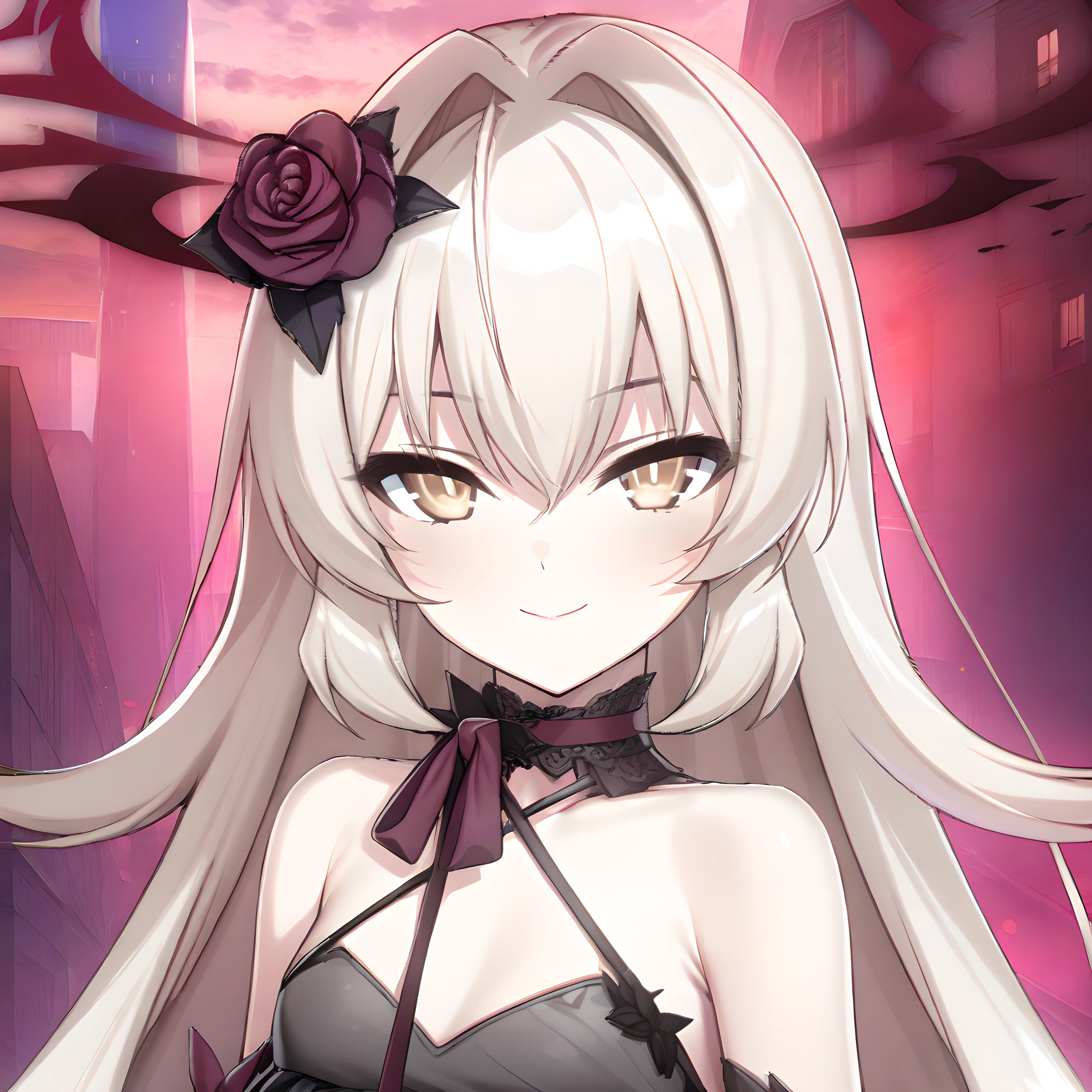(masterpiece),(best quality),(ultra-detailed),(best illustration),(best shadow),(absurdres),(detailed background),(very aesthetic), eve meitner, 1girl, solo, long hair, flower, hair ornament, hair flower, dress, looking at viewer, black dress, bare shoulders, bangs, portrait, seductive smile, <lora:evemeitner:0.8>
