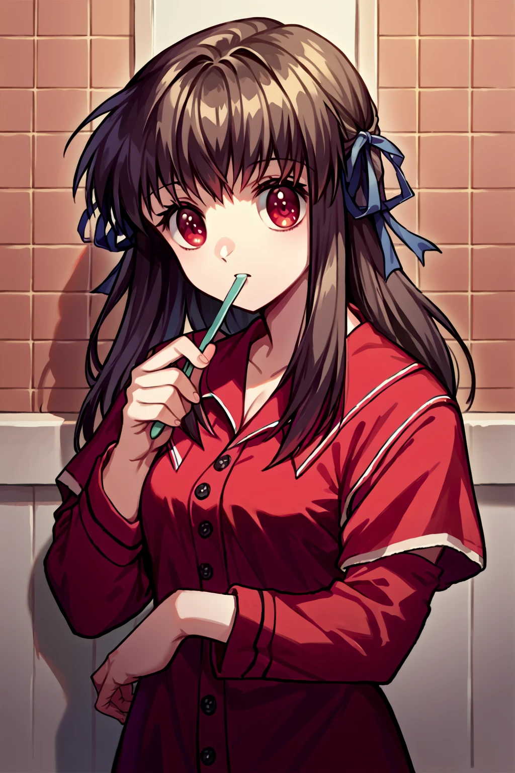 score_9, score_8_up, score_7_up, score_6_up, rating_safe, source_anime, best quality, masterpiece, detailed background, detailed eyes, bathroom, brushing teeth, <lora:tohno-minagi-xl-05:1.2>, tohno minagi, red pajamas, medium breasts, red eyes, cowboy shot,