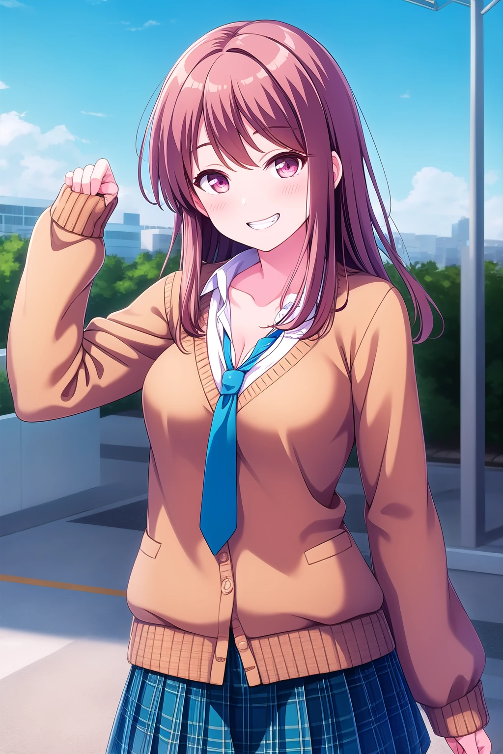 (masterpiece, best quality), highly detailed background, perfect lightingbest quality, takeuchimimi, solo, outdoors, school, brown hair, bangs pinned back, long hair, sidelocks, pink eyes, medium breasts, brown cardigan, blue necktie, long sleeves, sleeves past wrists, white shirt, cleavage, blue skirt, plaid skirt, school uniform, smile, grin, pink lips, <lora:Takeuchi-Mimi:0.7>