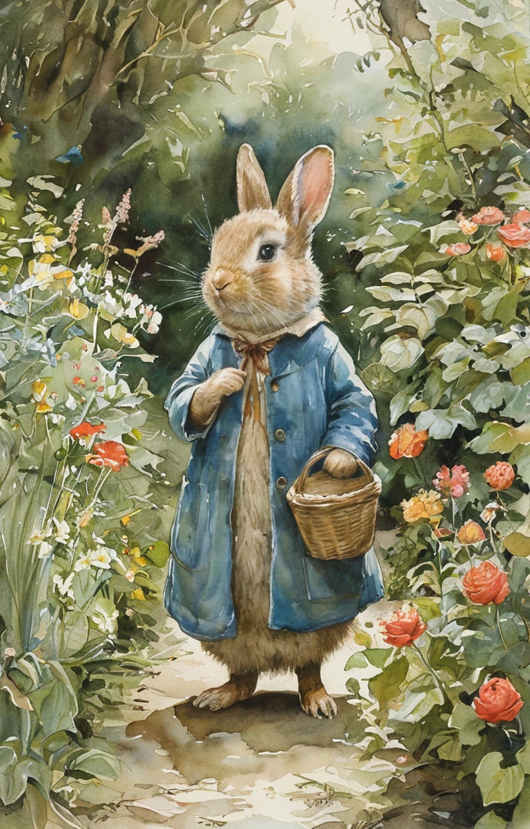 masterpiece,best quality,<lora:tbh134-sdxl:0.85>,garden,outdoor,illustration,watercolor,Beatrix Potter,