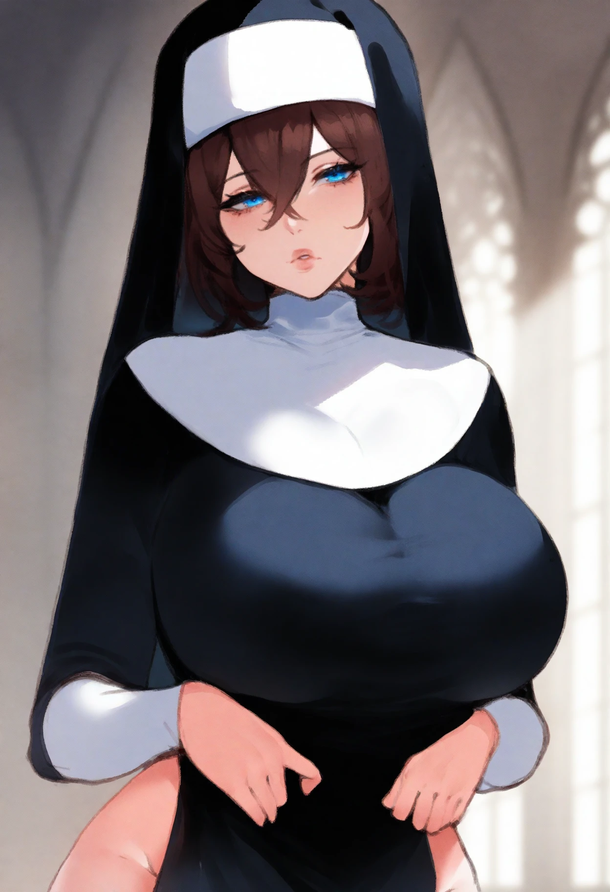 score_9 BREAK 1girl,solo,large breasts,nun,brown hair,half-closed eyes,blue eyes,long eyelashes,expressionless,standing,looking at viewer,upper body,thiccwithaq,serious,<lora:thiccwithaq locon>,