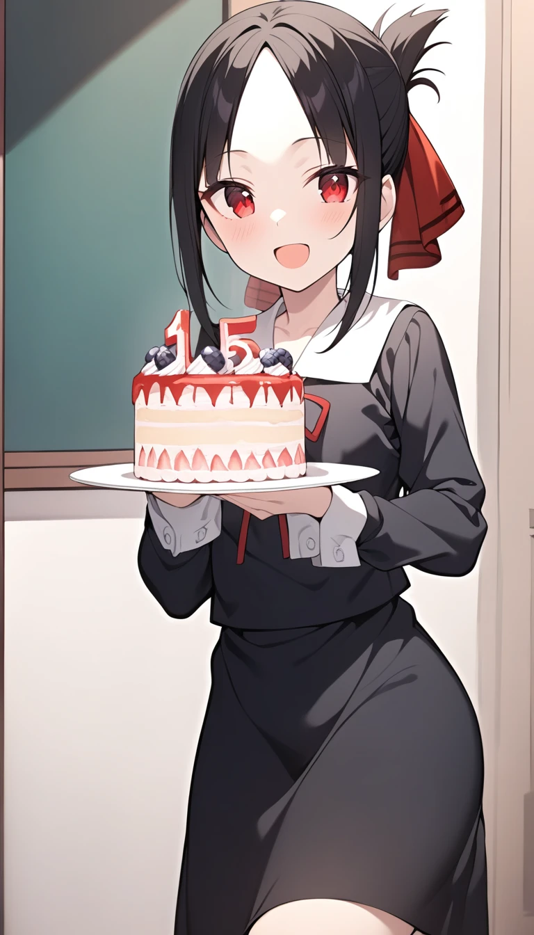 masterpiece, best quality, 1girl, kaguya,  <lora:kaguyaSDXL:0.8>, school uniform, black dress, black skirt, red ribbon, long sleeve, looking at viewer, standing, parted bangs, cowboy shot, happy, holding cake