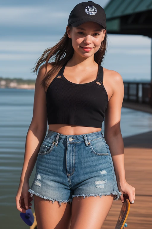 DEN_miyu_kiyohara,
(riding a skateboard down a busy peer (wearing shorts and a crop top:1.1) with a cap, mouth open smiling, riding a skateboard, skater, ocean front, peer:1.2),
bokeh, f1.4, 40mm, photorealistic, raw, 8k, textured skin, skin pores, intricate details <lora:epi_noiseoffset2:1>, epiCRealism <lora:ClothingAdjuster3:-1>