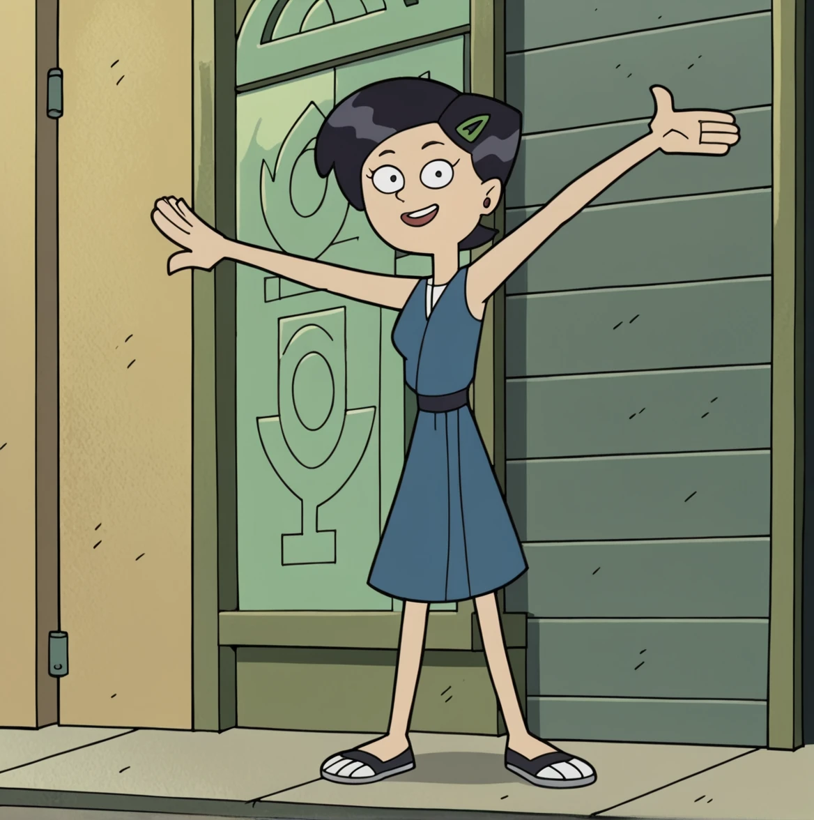 <lora:Marcy_WuV1:0.5> Marcy Wu, black hair, short hair, green hairclip, 1girl, outside, dancing front of wall, looking at viewer, good anatomy, full body <lora:Clerks_The_Animated_Series:0.9> Clerk style, score_9, score_8 or higher, masterpiece