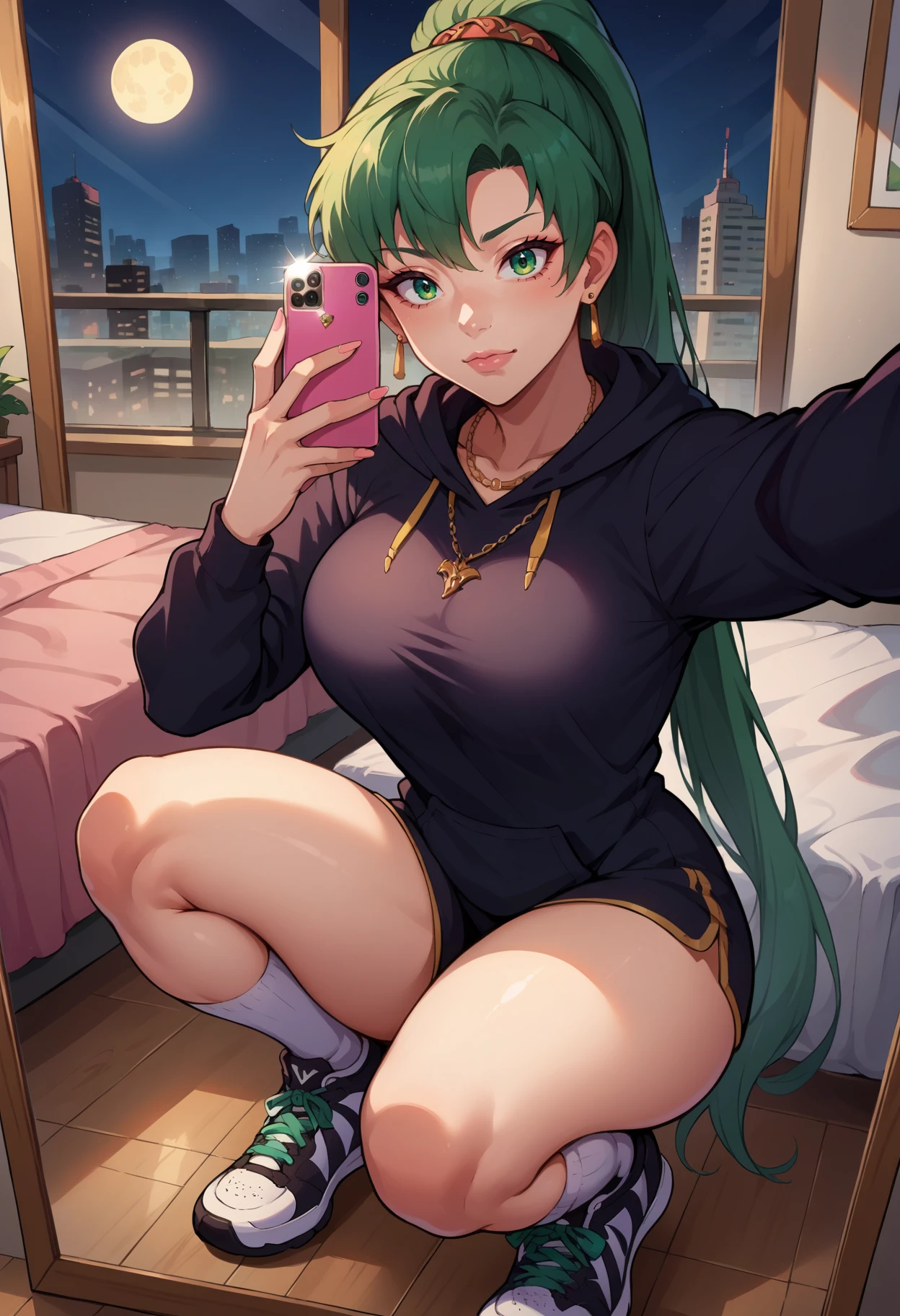 score_9, score_8_up,score_7_up, source_anime, 1girl, solo, <lora:EPfeLynPony_epoch_7:1.0>, EPfeLyn, green hair, green eyes, long hair, high ponytail, jewelry, large breasts, necklace, ear piercing, black hoodie, white socks, kneehighs, sneakers, black sneakers, squatting, selfie, taking picture, mirror selfie, bedroom, bed, mirror, at a dark room, at night , city view from the window, gyaru,