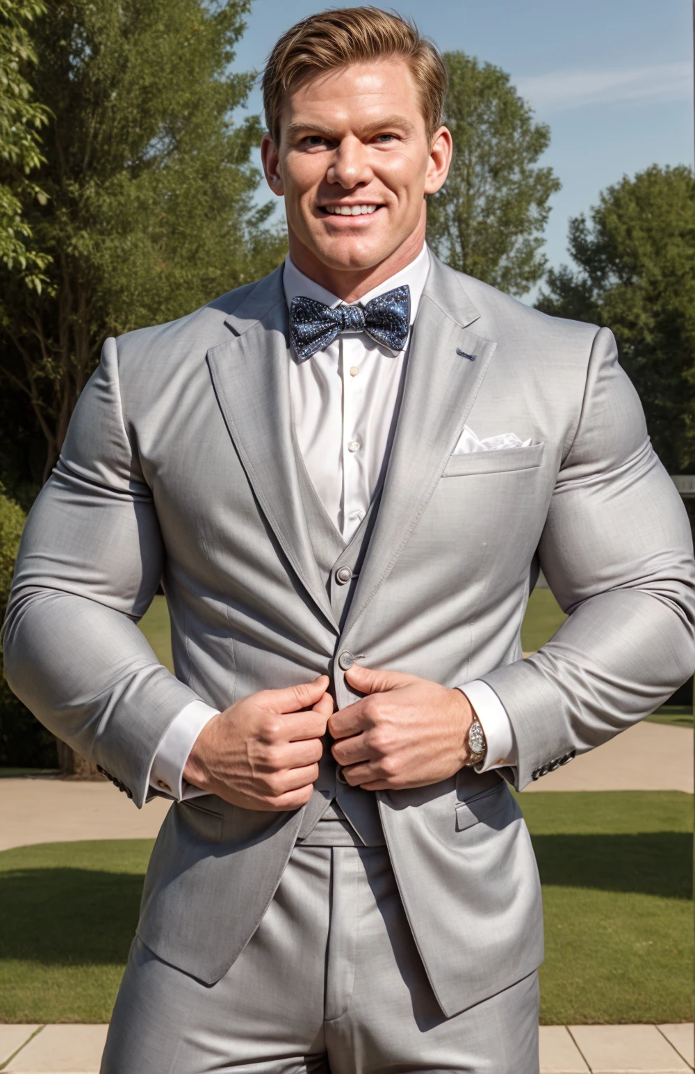 (face focus). <lora:BulkedUpAIR1.5:0.2>, (masculine:1.4), at outdoor sunny wedding, ((muscular man wearing designer formal suit)), sexy pose:1.0, confident, handsome, (((masterpiece))), (((best quality))), <lora:more_details:0.5>, (hands on waist), male, athletic, looking at viewer, smile, big pecs:1.2, <lora:MarkSladeFrankTowers (1):1>, MarkSladeFrankTowers, (older man:1.3), (bulky muscles)