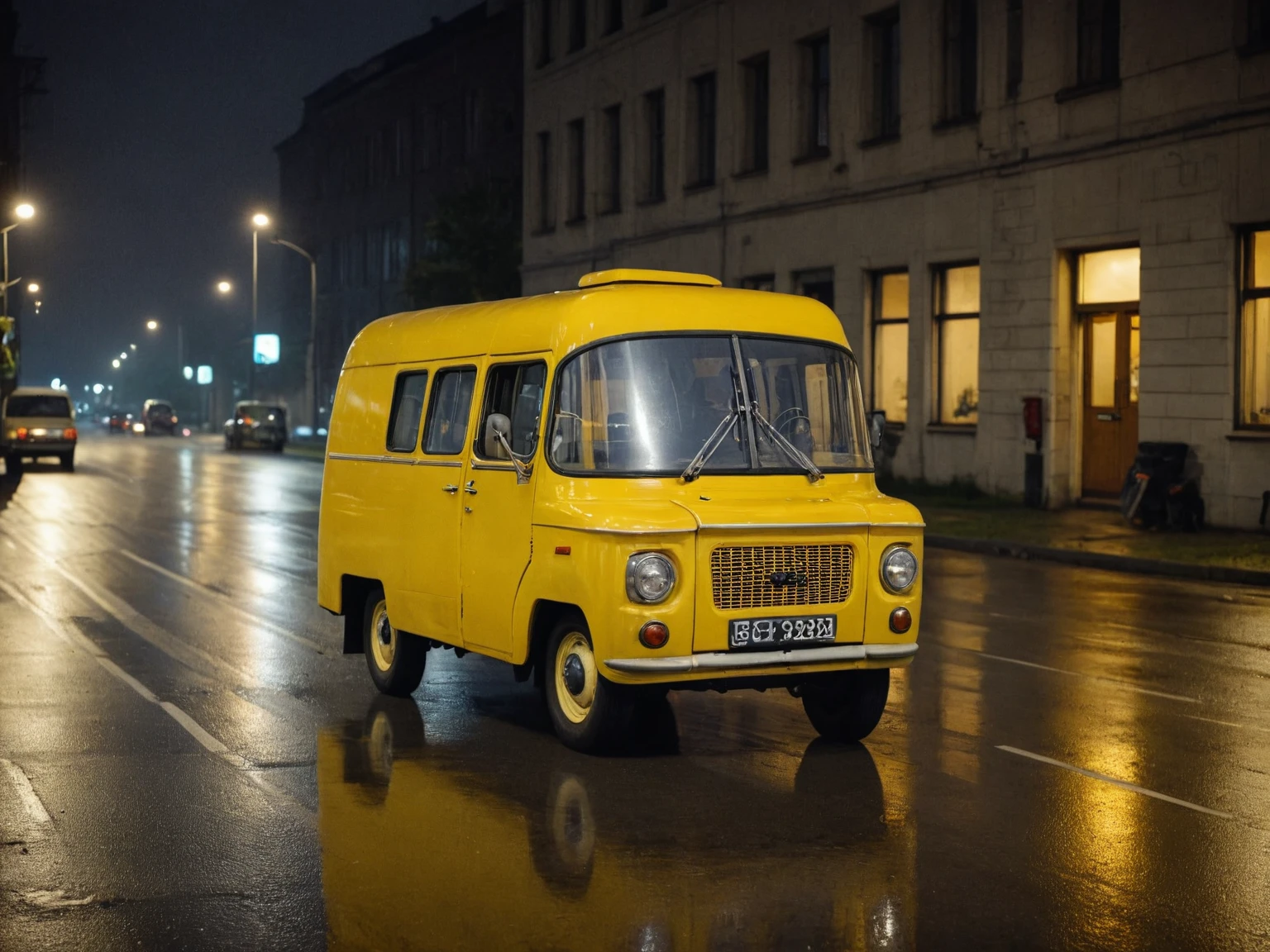 cinematic film still cinematic photo yellow 60s polish delivery van, riding on empty road during rainy night, modern city building in background, epic still shoot <lora:add-detail-xl:1> <lora:polish 60s delivery van-000001:1> . 35mm photograph, film, bokeh, professional, 4k, highly detailed . shallow depth of field, vignette, highly detailed, high budget Hollywood , bokeh, cinemascope, moody, epic, gorgeous, film grain, grainy