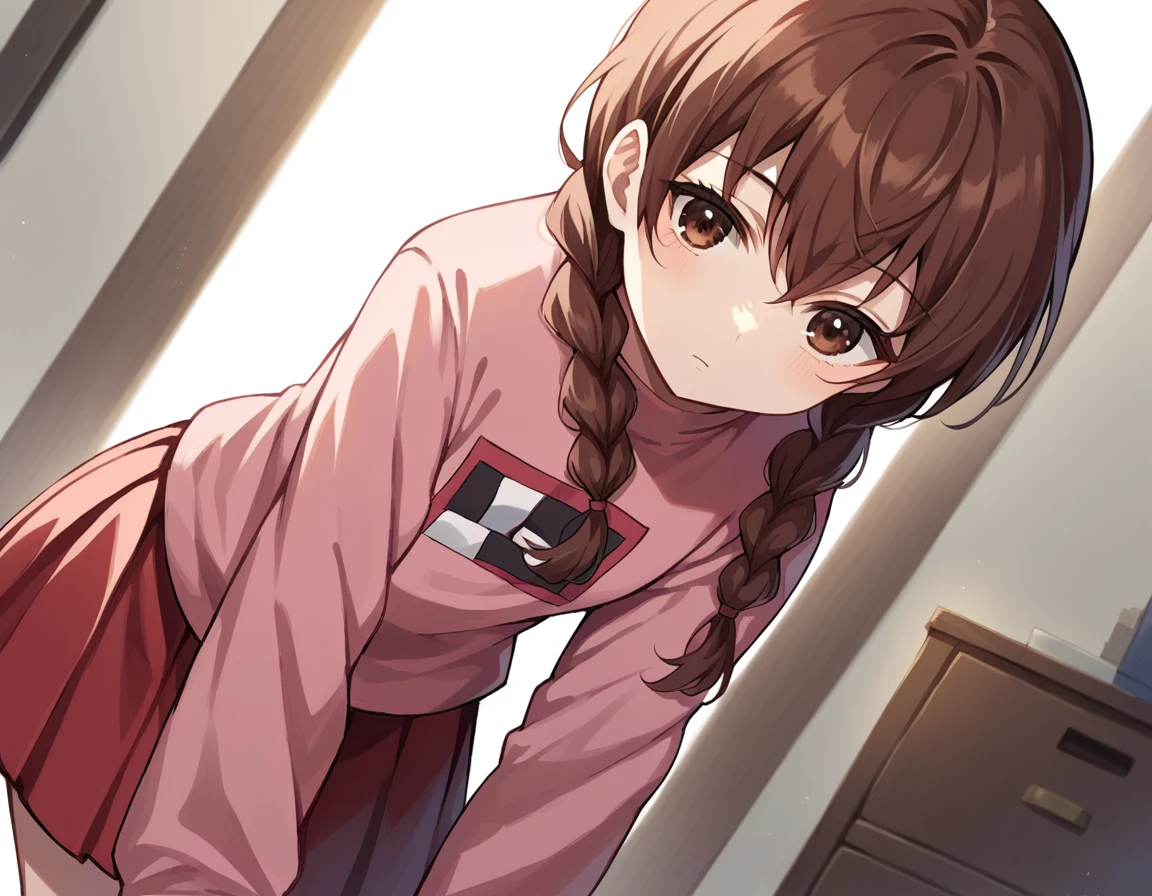 score_9, score_8_up, score_7_up, source_anime,
madotsuki, <lora:madotsuki-ponyxl-lora-nochekaiser:1>,
madotsuki, braid, hair over shoulder, long hair, twin braids, twintails, brown hair, brown eyes,
long sleeves, pink sweater, pleated skirt, red skirt, skirt, sleeves past wrists, sweater,
indoors, bent over,
solo, dutch angle, looking at viewer, cowboy shot,