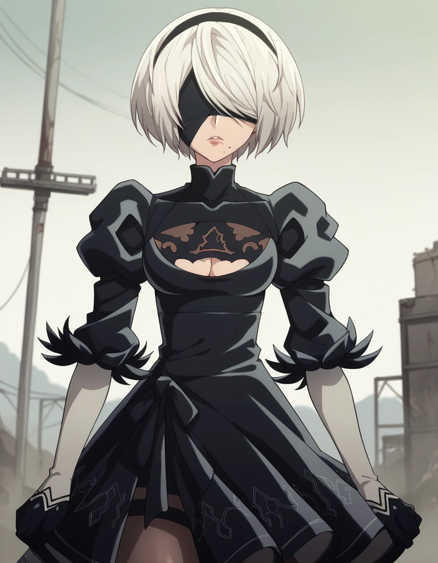 score_9, score_8_up, score_7_up, source_anime,
2b, <lora:2b-s1-ponyxl-lora-nochekaiser:1>,
2b, yorha no. 2 type b, short hair, white hair, hairband, mole, black hairband, mole under mouth, blindfold, covered eyes, black blindfold,
gloves, long sleeves, dress, puffy sleeves, black dress, clothing cutout, cleavage cutout, juliet sleeves, feather-trimmed sleeves,
outdoors, wasteland,
solo, dutch angle, looking at viewer, cowboy shot,