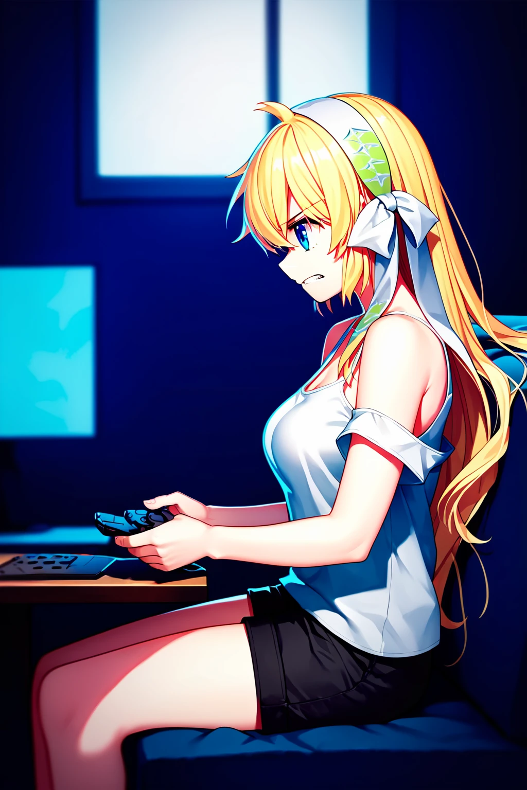 score_9, score_8_up, score_7_up, score_6_up, rating_questionable, source_anime, best quality, masterpiece, bedroom, (dark), (night time), sitting on couch, playing video games, (from side view), <lora:shiona-xl-03:1>, shiona, white tanktop, off shoulder, black shorts, harmonia hair ribbon, medium breasts, blonde hair, very long hair, blue eyes, gritted teeth, annoyed,
