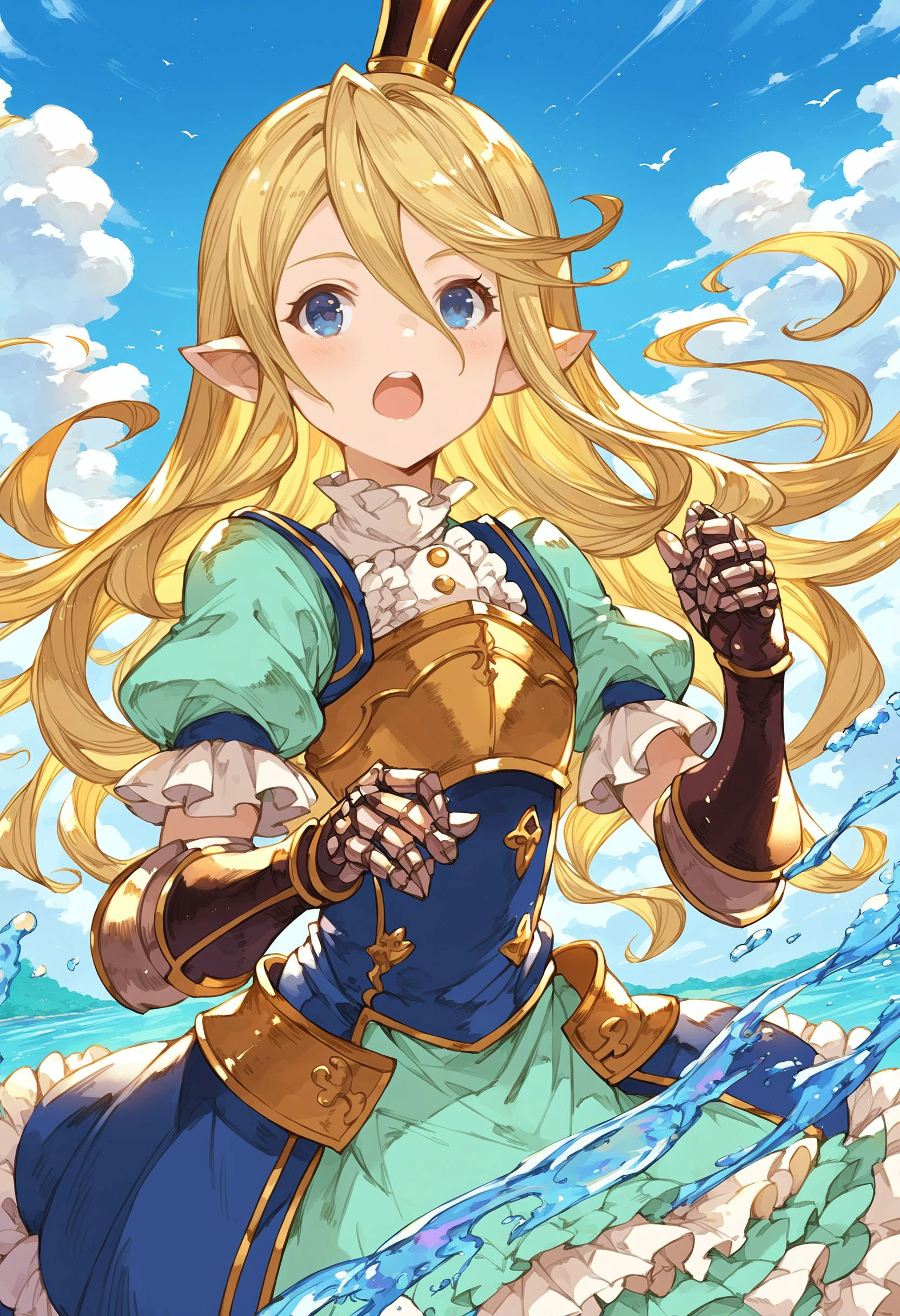 gbfpnxl, 1girl, charlotta \(granblue fantasy\), solo, long hair, open mouth, blue eyes, blonde hair, dress, upper body, short sleeves, frills, pointy ears, puffy sleeves, water, armor, puffy short sleeves, blue dress, crown, gauntlets, breastplate, armored dress, armored harvin outdoors, scenery, close-up, clouds, dappled sunlight,
score_9, score_8_up, score_7_up, score_6_up, source anime, masterpiece, best quality, very aesthetic, absurdres
<lora:granblue_fantasy_v2:1>