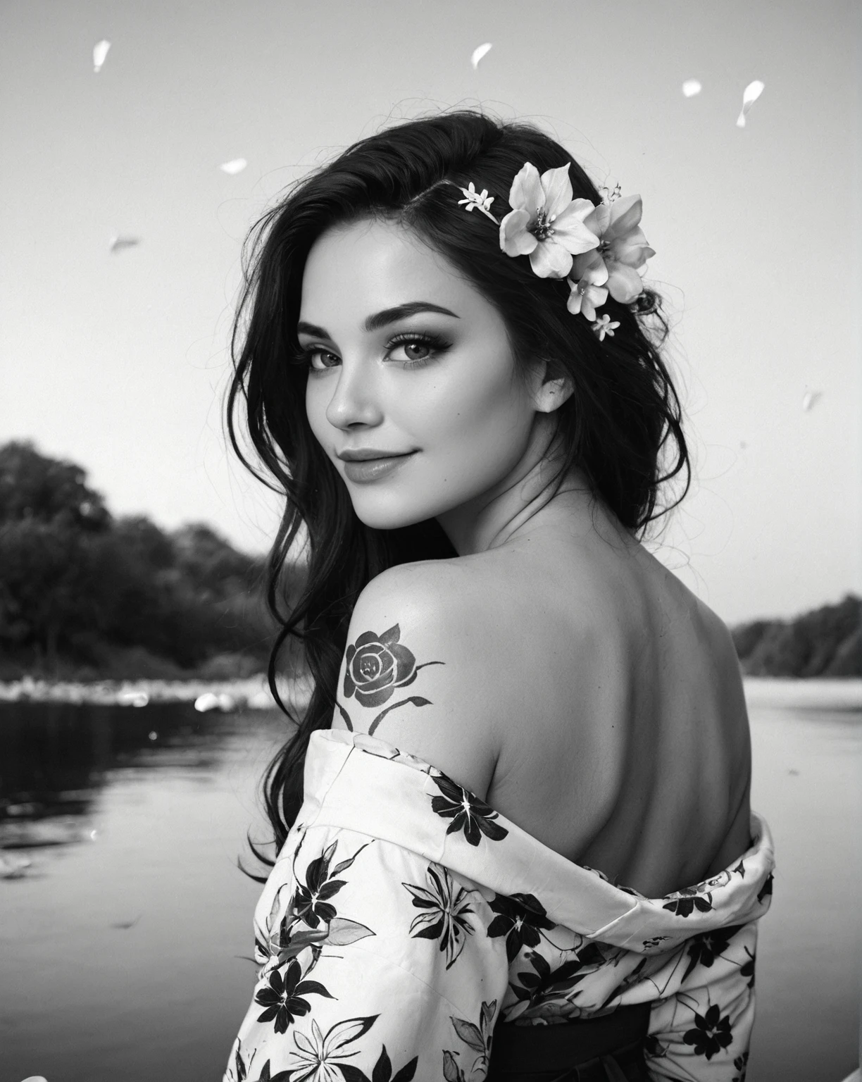 Japanese teenage girl, floral kimono, exposed shoulders, from behind, beautiful face, thick eyelashes, glossy eyes, black hair, cute smile, dark eyeshadow, shoulders tattoos, back tattoos, floral decoration in hair, falling petals, beautifully backlit, wideshot, lake background,, (raw,score_8_up),photo, raw,realistic <lora:Mono_Photo_V1b_m7:1> monochrome, greyscale