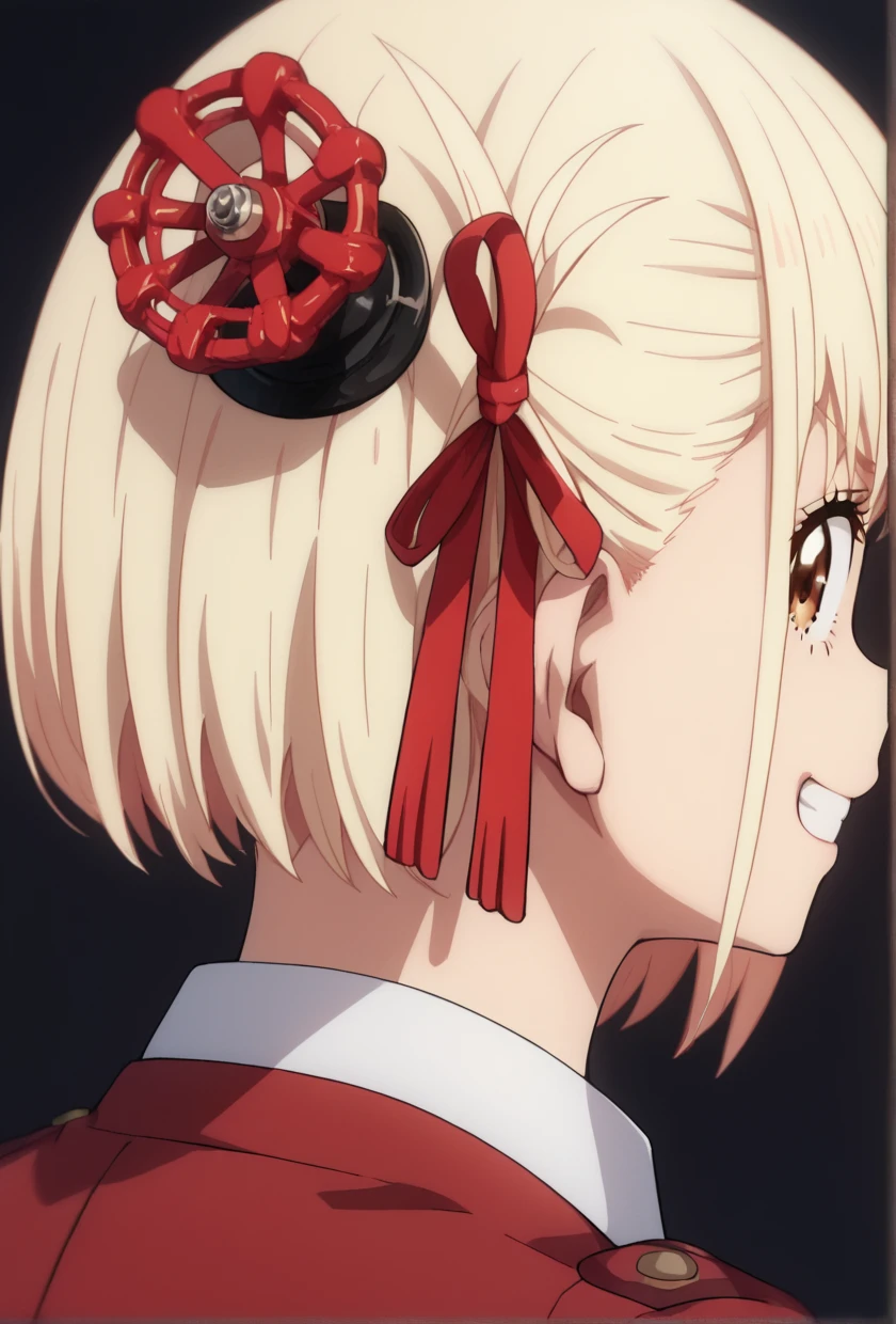 score_9,score_8_up,score_7_up,score_6_up,score_5_up,source_anime,
<lora:valve-logo_pony>,(((valve_on_head))),(((valve))),from behind,looking back,grin,looking at viewer,v-shaped eyebrows,
simple background,dark background,
BREAK
1girl,solo,
<lora:chisato-nishikigi-s1-ponyxl-lora-nochekaiser:0.7>,chisato nishikigi,chisato nishikigi,short hair,bangs,blonde hair,hair ribbon,one side up,bob cut,
shirt,long sleeves,dress,white shirt,collared shirt,red dress,lycoris uniform,holding gun,