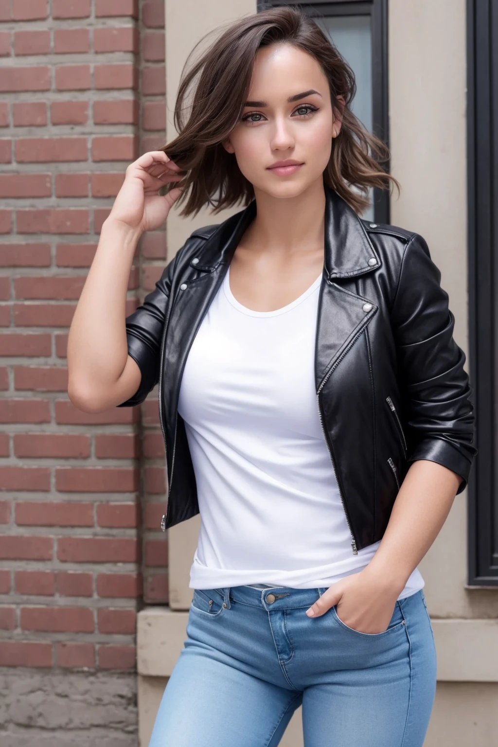 <lora:mondongo_LoRA_MeganMontaner_v3:0.9> mndngwmn, (ultra realistic, 8k,high quality), wearing a leather jacket,white t-shirt, jeans, on a city downtown, daytime