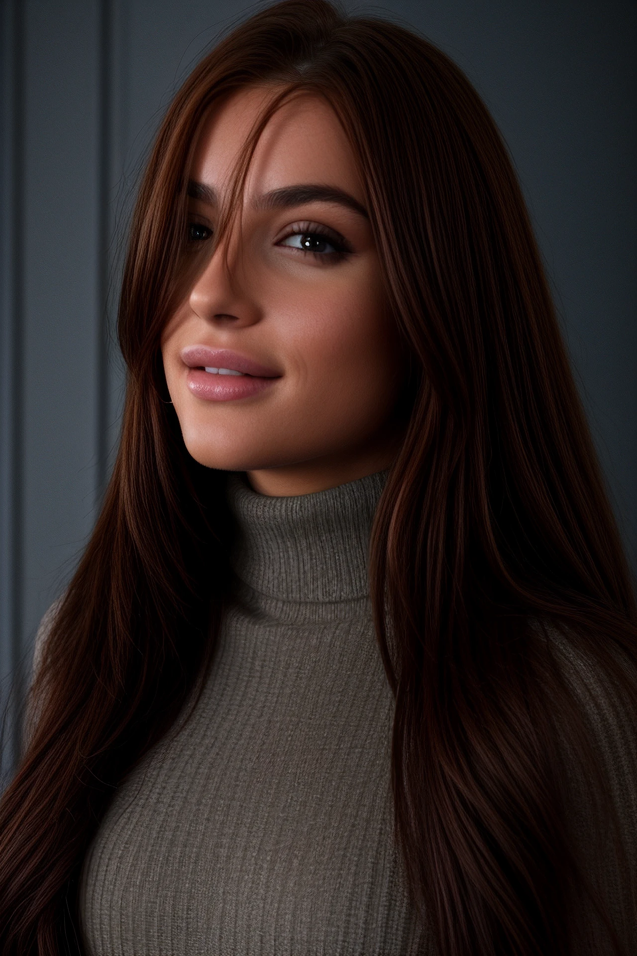 Caption/Description: cinematic still atdeep, sepiatone, portrait,glamour, smile, shiny hair, red hair, long  hair,  bombshell, headshot, turtleneck sweater, seductive, (looking at viewer), <likenesshelpbyshurik3>:0.7 . emotional, harmonious, vignette, highly detailed, high budget, bokeh, cinemascope, moody, epic, gorgeous, film grain, grainy