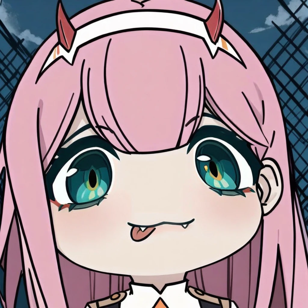 big-head, chibi,portrait,:3,(masterpiece),(best quality),1girl, aqua_background, aqua_eyes, blue_background, buttons, double-breasted, fangs, green_eyes, hairband, horns, long_hair, looking_at_viewer, military, military_uniform, necktie, pink_hair, sky, solo, tongue, tongue_out, uniform, white_hairband, zero_two_\(darling_in_the_franxx\)