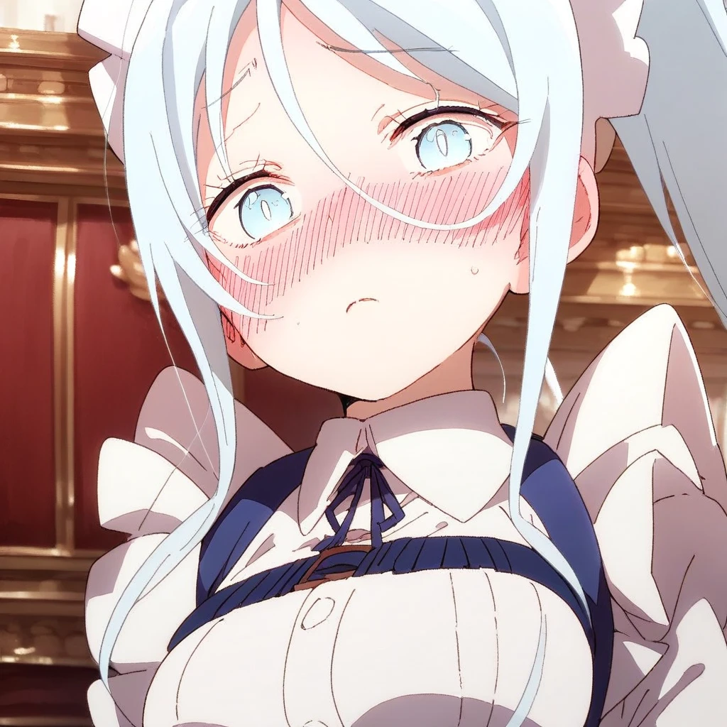 long_hair, 1girl, blue_eyes, blue_hair, solo, blush, large_breasts, ponytail   , maid_headdress, maid, apron, upper body, looking at viewer, score_9, score_8_up, score_7_up, , anime coloring ,BREAK source_anime, anime