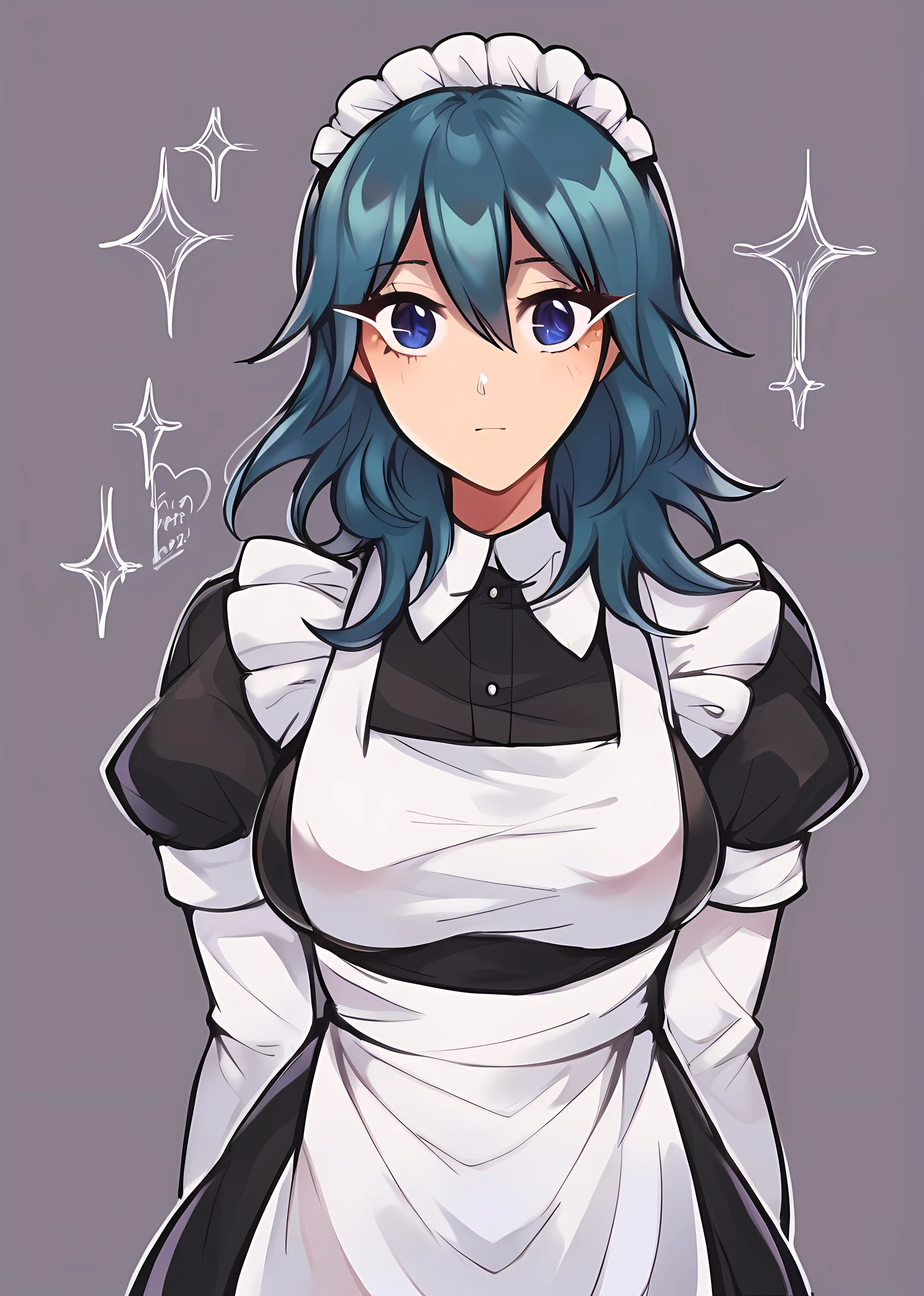 score_9, score_8_up, score_7_up, score_6_up, score_5_up, score_4_up, BREAK source_anime,
1girl, byleth (fire emblem) (female), maid,  solo, maid headdress, blue hair, blue eyes, breasts, simple background, white background, large breasts, closed mouth, long sleeves, enmaided, apron, medium hair, long hair, dress, looking at viewer
 <lora:purrlucii_style:1>