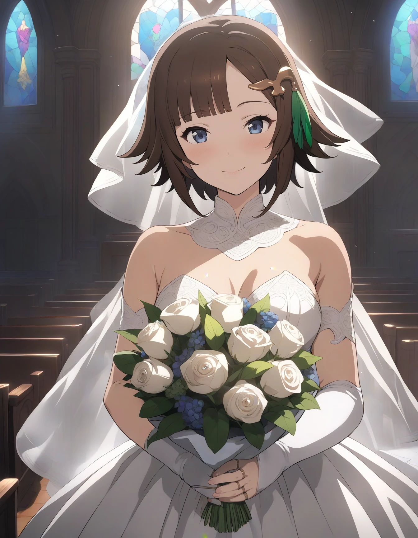 1girl, solo, leona \(granblue fantasy\), cowboy shot, looking at viewer, smile, blush, closed mouth, wedding dress, bare shoulders, bridal gauntlets, (bridal veil:1.2), holding bouquet, beautiful detailed background, indoors, standing in church, stained glass, wedding, anime screencap, masterpiece, best quality, <lora:LeonaXL20240518-10:0.7>