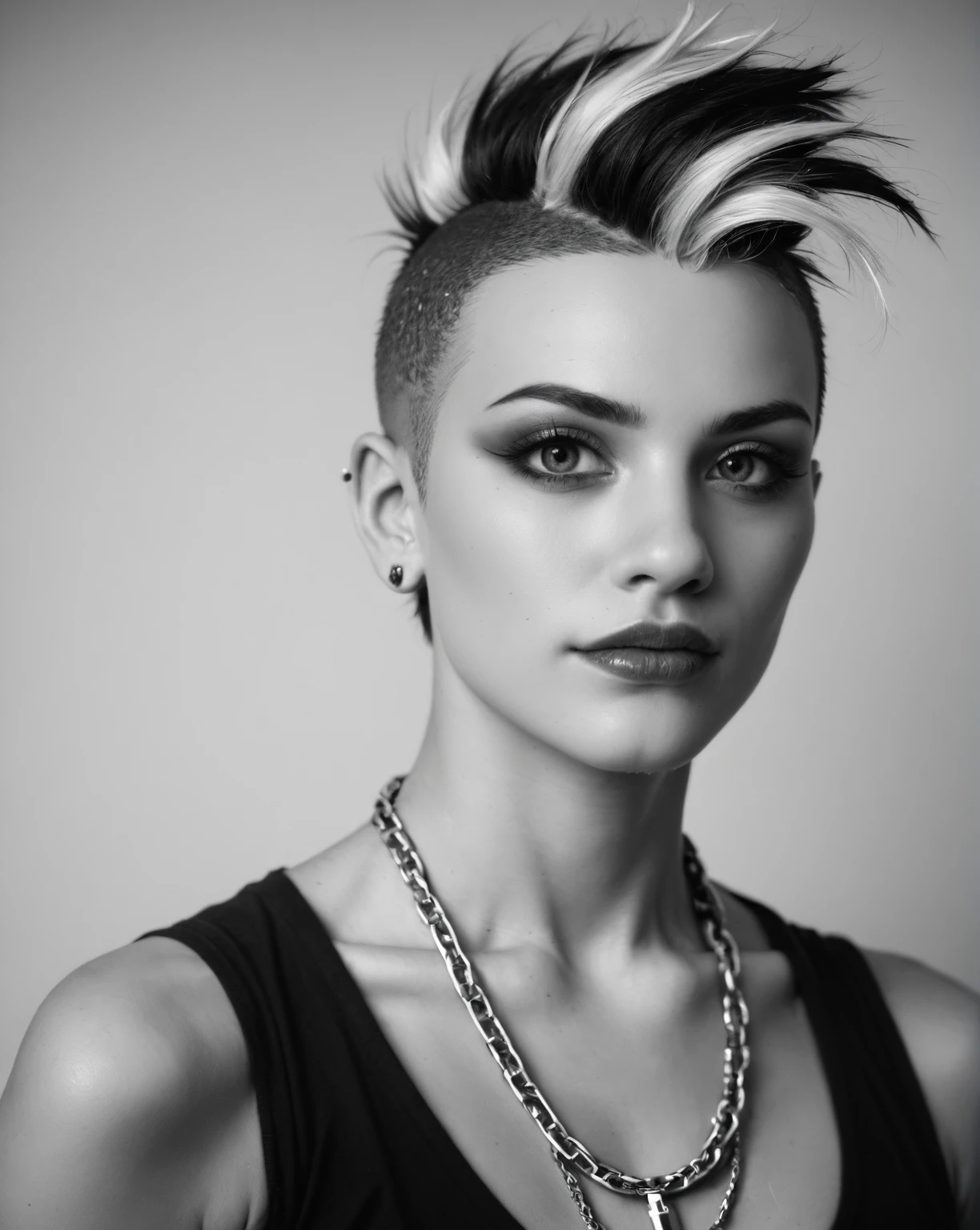 punk outfit, colored Mohawk hair, chain necklace, atmospheric, cinematic, high detail, masterpiece,, (raw,score_8_up),photo, raw,realistic <lora:Mono_Photo_V1b_m7:1> monochrome, greyscale