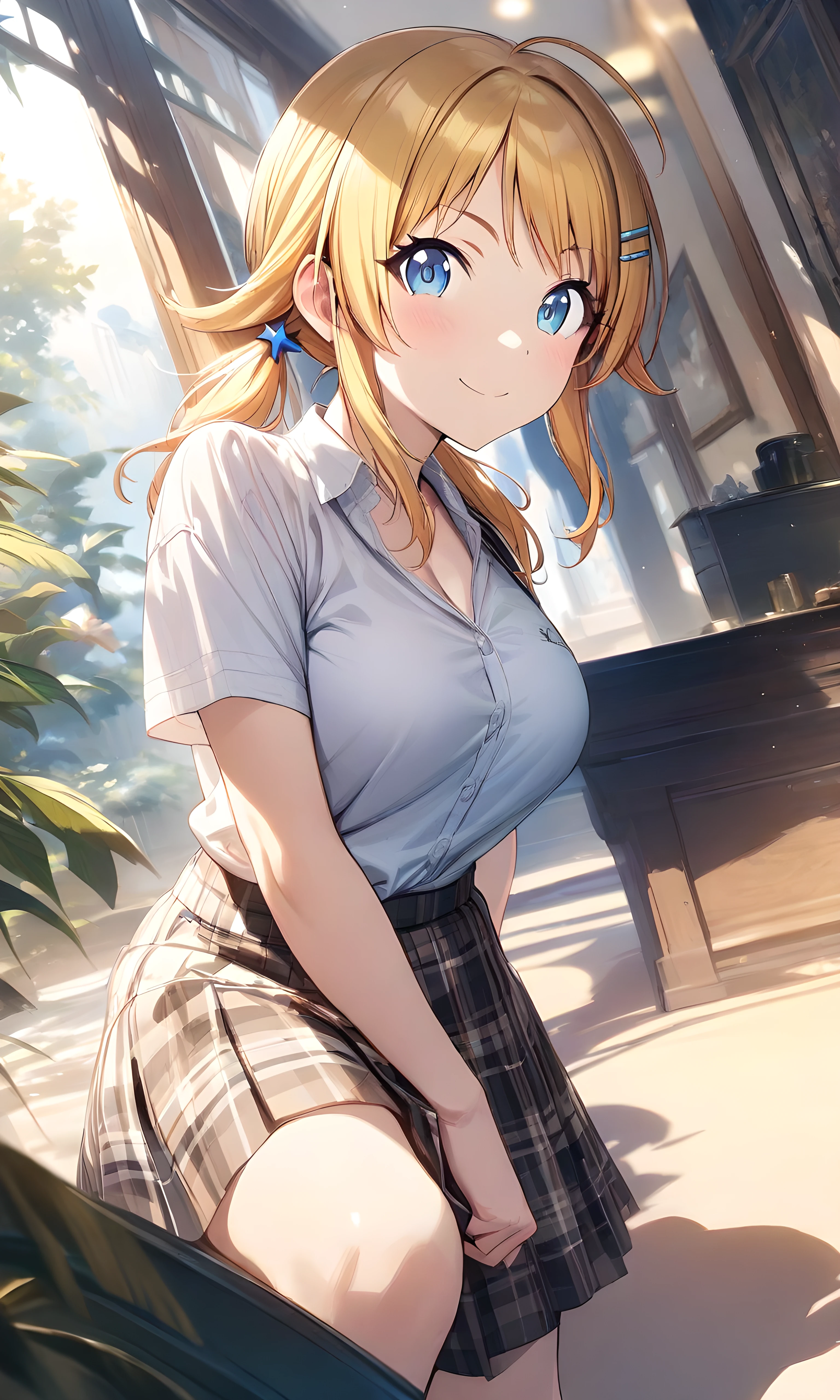 (masterpiece),(best quality),(ultra-detailed),(best illustration),(best shadow),(absurdres),(detailed background),(very aesthetic),  meguru hachimiya, 1girl, blonde hair, skirt, solo, blue eyes, hair ornament, smile, plaid, breasts, twintails, plaid skirt, hairclip, looking at viewer, shirt, long hair<lora:XL-MeguruHachimiyav1:1>