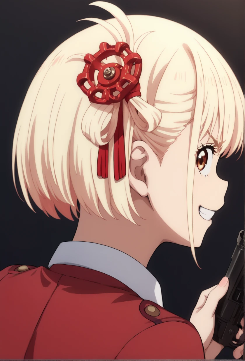 score_9,score_8_up,score_7_up,score_6_up,score_5_up,source_anime,
<lora:valve-logo_pony>,(((valve_on_head))),(((valve))),from behind,looking back,grin,looking at viewer,v-shaped eyebrows,
simple background,dark background,
BREAK
1girl,solo,
<lora:chisato-nishikigi-s1-ponyxl-lora-nochekaiser:0.7>,chisato nishikigi,chisato nishikigi,short hair,bangs,blonde hair,hair ribbon,one side up,bob cut,
shirt,long sleeves,dress,white shirt,collared shirt,red dress,lycoris uniform,holding gun,