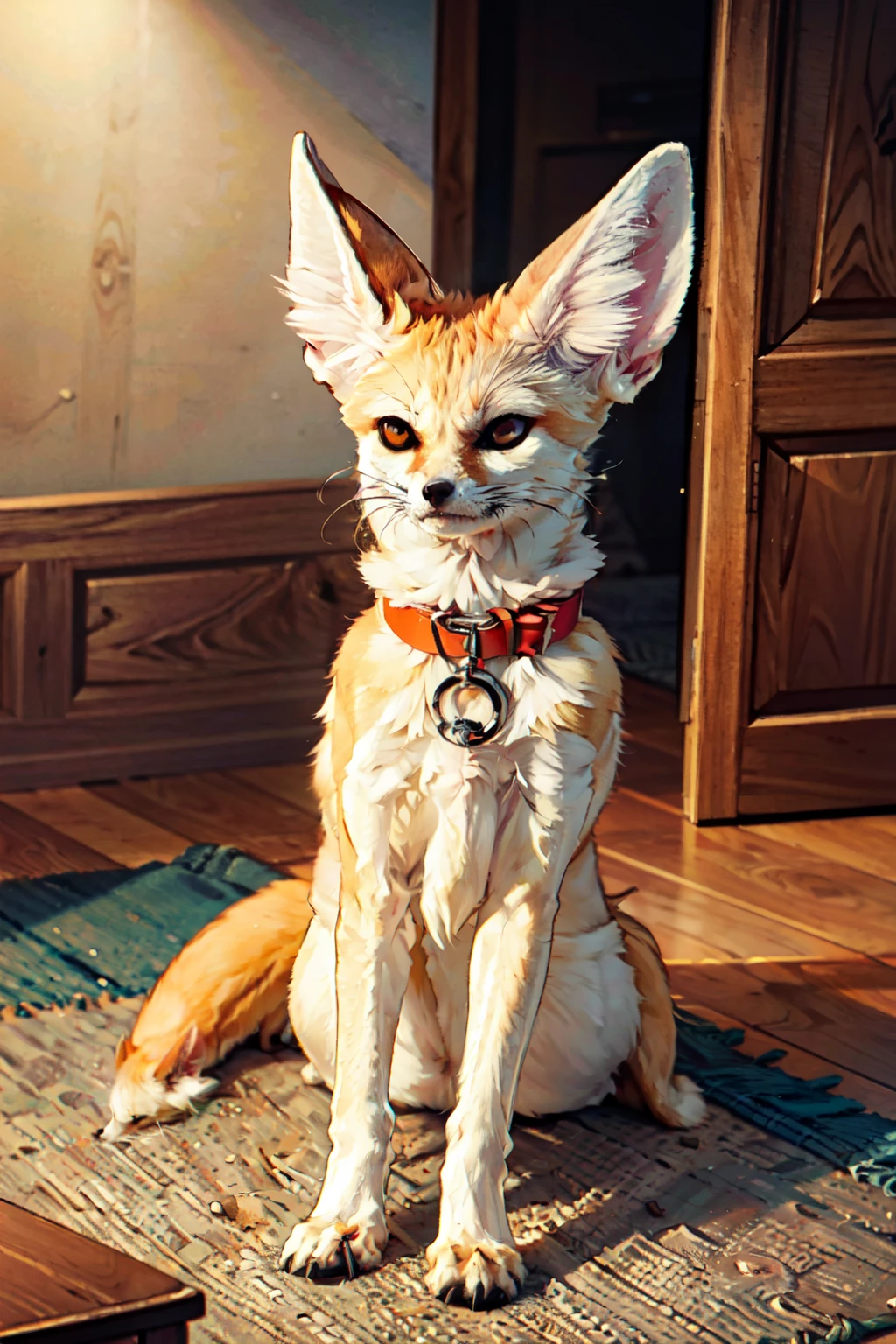 ((masterpiece,best quality)), absurdres,   <lora:FennecFox:0.7>,   FennecFox, sitting, full body, indoors, collar, no humans,    realistic, animal focus, white fur, from above, sitting,