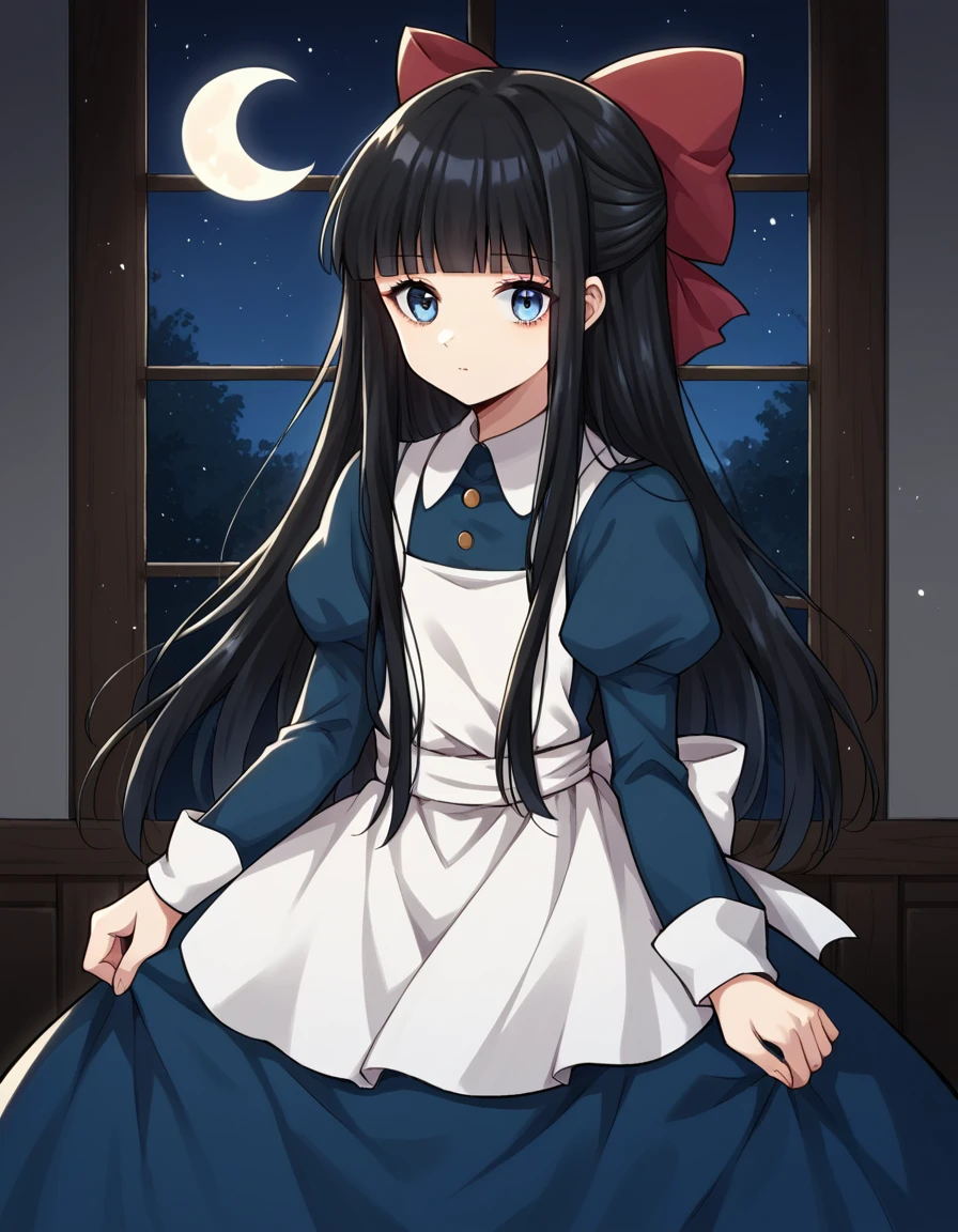 score_9, score_8_up, score_7_up, source_anime,
ayadrevis, <lora:aya-drevis-ponyxl-lora-nochekaiser:1>,
aya drevis, long hair, blue eyes, black hair, hair bow, red bow, bangs, blunt bangs,
long sleeves, dress, frills, puffy sleeves, apron, blue dress,
indoors, night, moon,
solo, looking at viewer, cowboy shot,