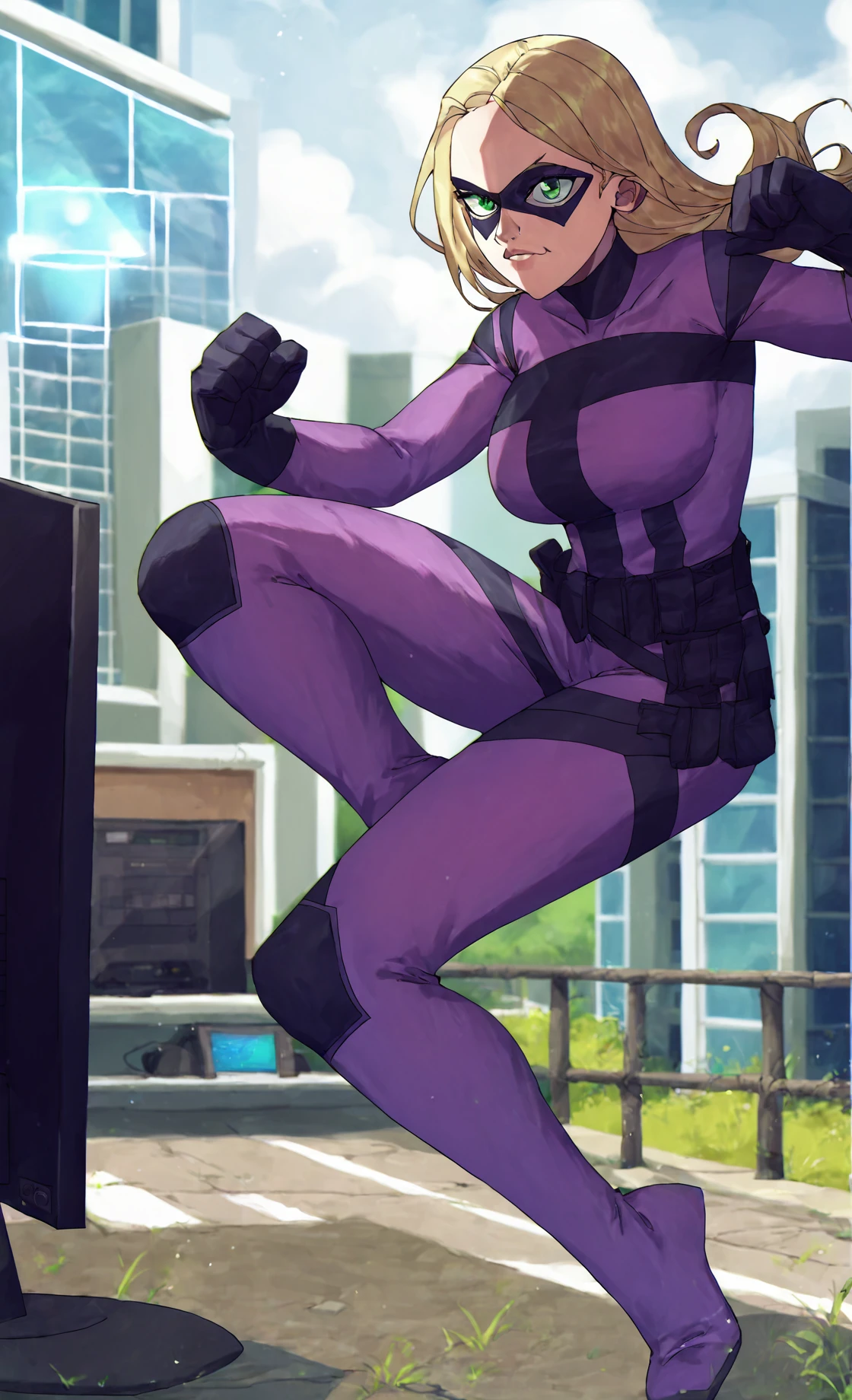 score_9, score_8_up, score_7_up, score_6_up, score_5_up, score_4_up, BREAK
<lora:Tattletale_Lisa_Wilbourn-000019:1> tattletale, blonde hair, green eyes, purple bodysuit, domino mask, large breasts, fighting stance, feet, monitor array, <lora:artistsautism_lora_XL_dim32_8e_v2_civit:1> by tekuho, rating_safe