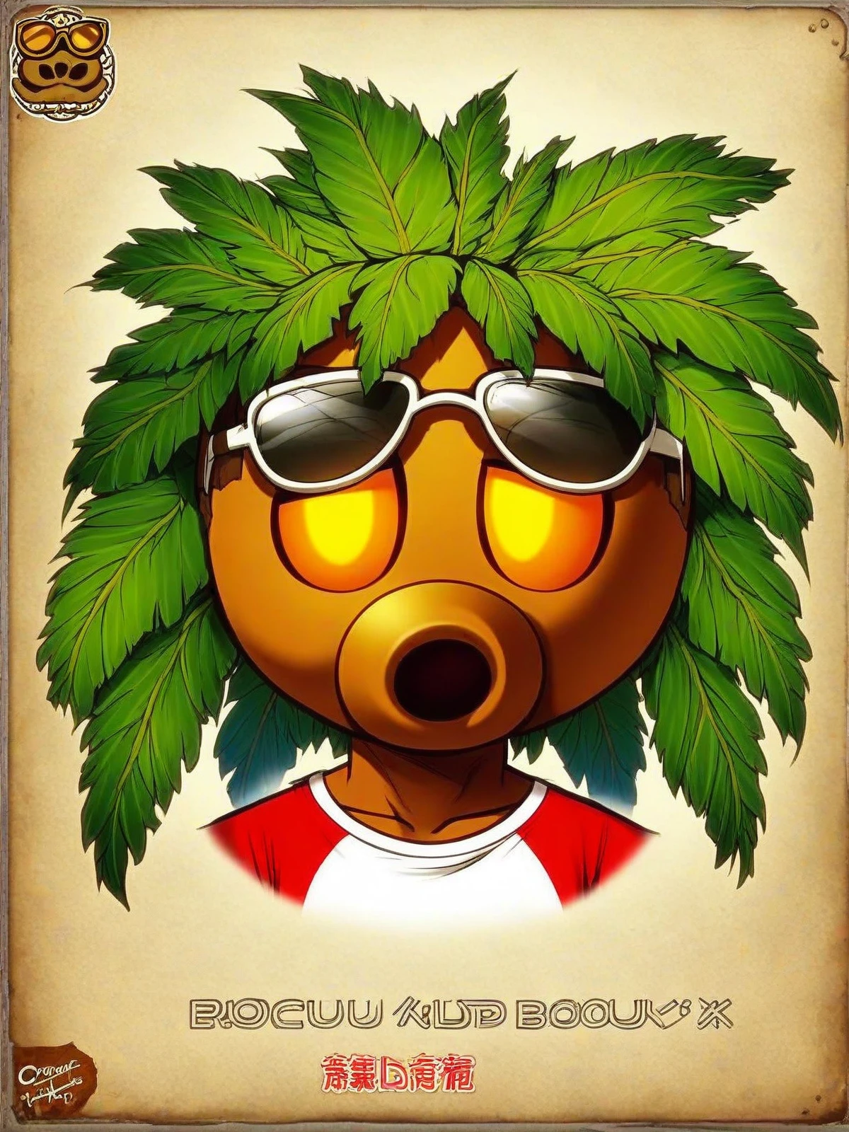 An image of a marijuana leaf as a character in a funny cartoon. The character is made of marijuana. The character is smoking a joint that is made of gold.