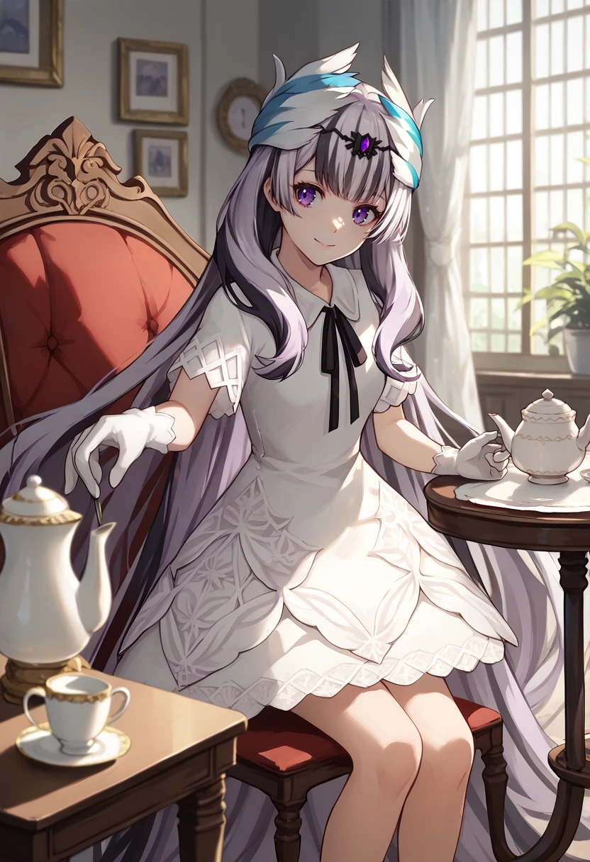 score_9, score_8_up, score_7_up, BREAK 1girl, looking to the side, smile, holding teacup, <lora:VeyleFE-pdxl:1> casVeyl, purple eyes, very long hair, multicolored hair, feather hair ornament, white dress, black ribbon, short sleeves, bare legs, white gloves, indoors, table, chair, teapot