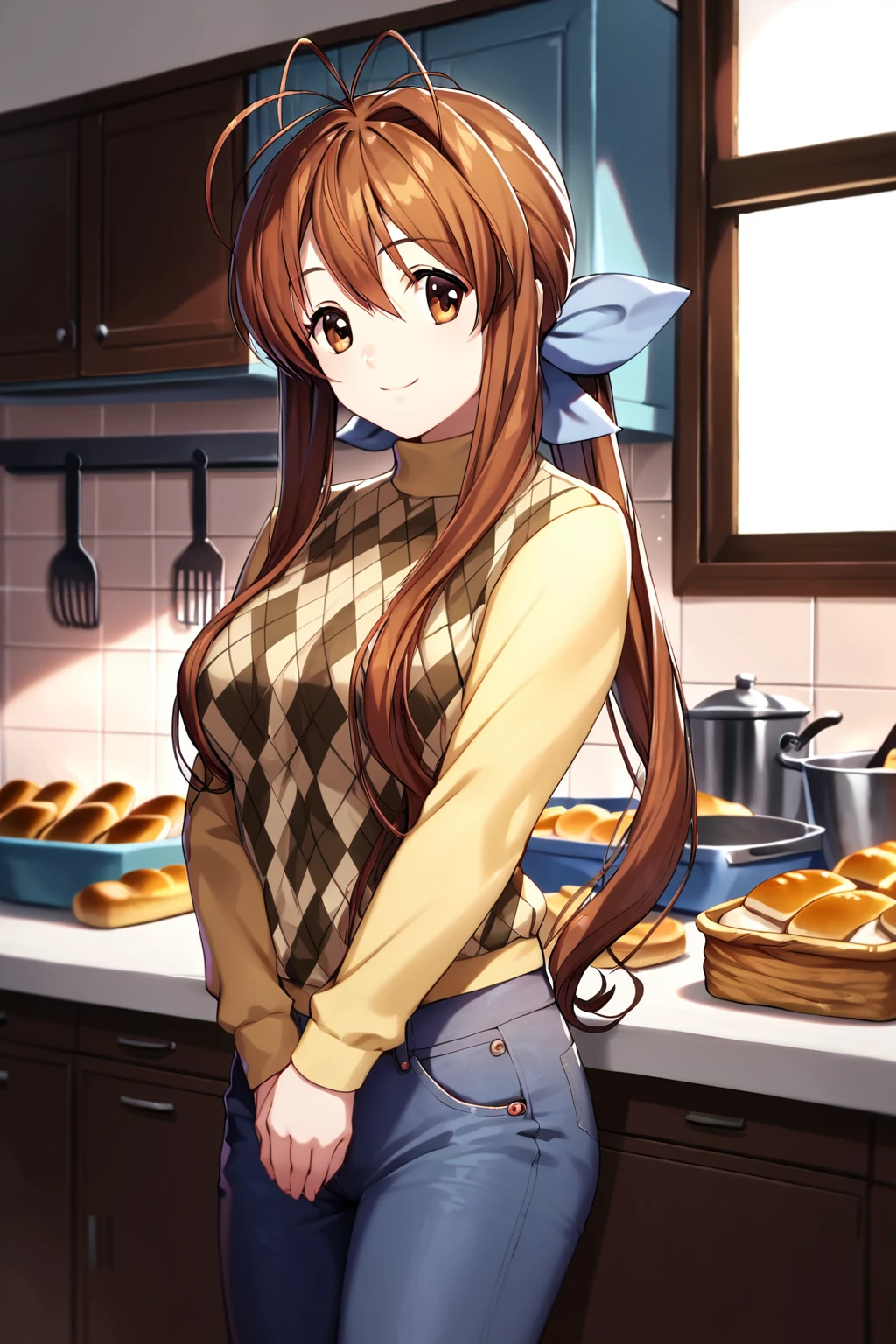 score_9, score_8_up, score_7_up, score_6_up, rating_safe, source_anime, best quality, masterpiece, detailed background, kitchen, baking bread, <lora:furukawa-sanae-xl-06:0.9>, furukawa sanae, diamond sweater vest, triple ahoge, jeans, arms crossed, medium breasts, full breasts, brown eyes, smile, looking away