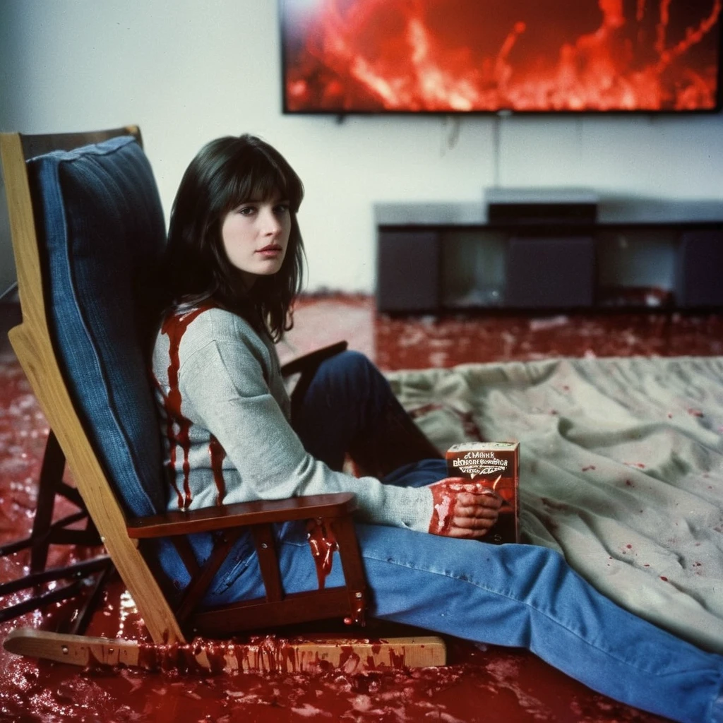 cinematic film still of  <lora:perfection style:0.5> <lora:detailed:0.5> perfection detailed
 <lora:The Shining film style:0.9>
 <lora:1980's style:0.3>
In the 1980's in the Colorado Rocky Mountains a room with a huge waves of red blood on the floor,1girl,solo,sitting,indoors,blood,bed,chair,television,red theme,blood splatter,horror (theme) , cinematic, film, kodak, The Shining film style, shallow depth of field, vignette, highly detailed, high budget, bokeh, cinemascope, moody, epic, gorgeous, film grain, grainy